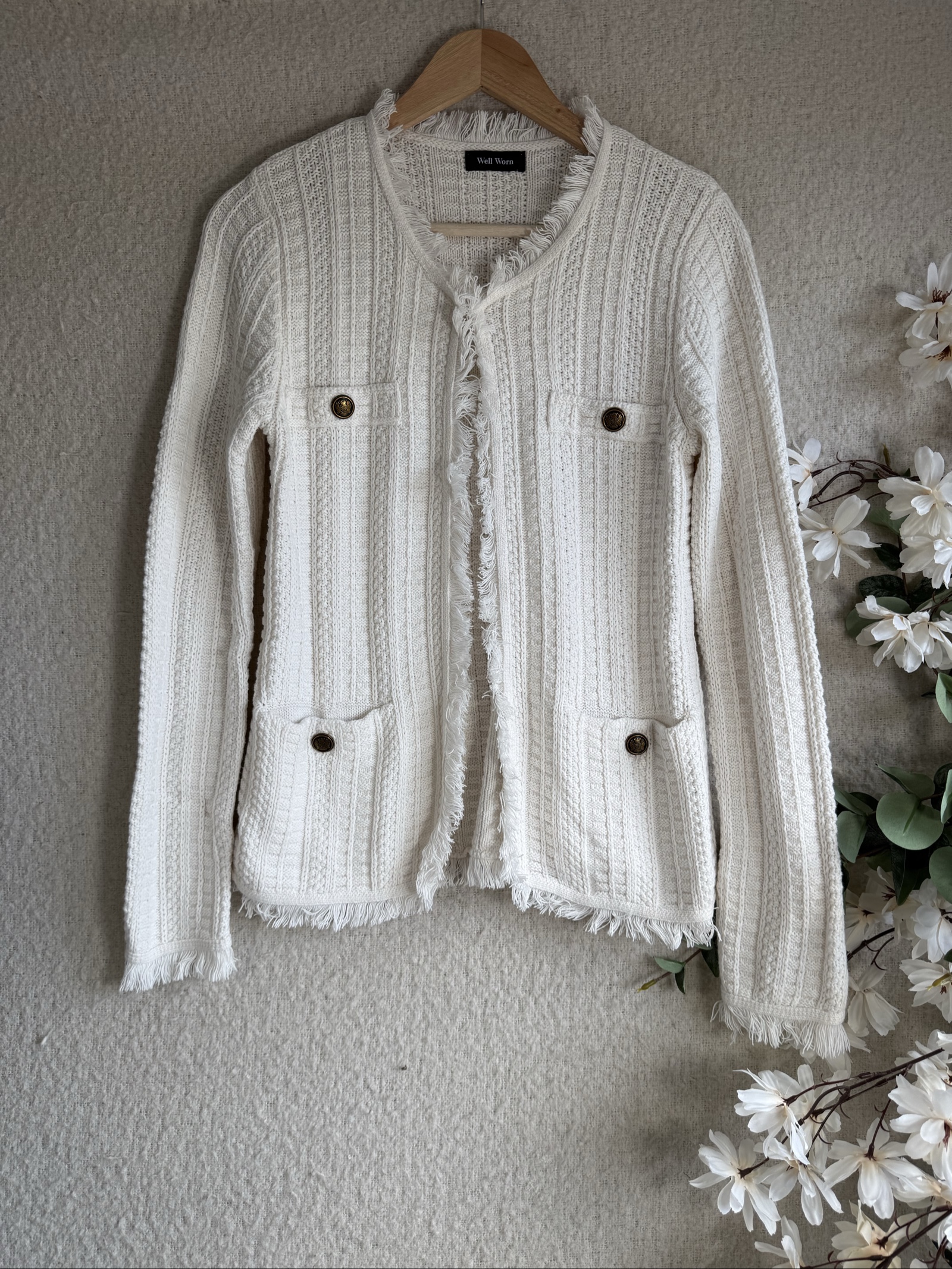 Well Worn Cream Cable Knit Frayed Trim Cardigan UK Small Elegant Casual Knitwear