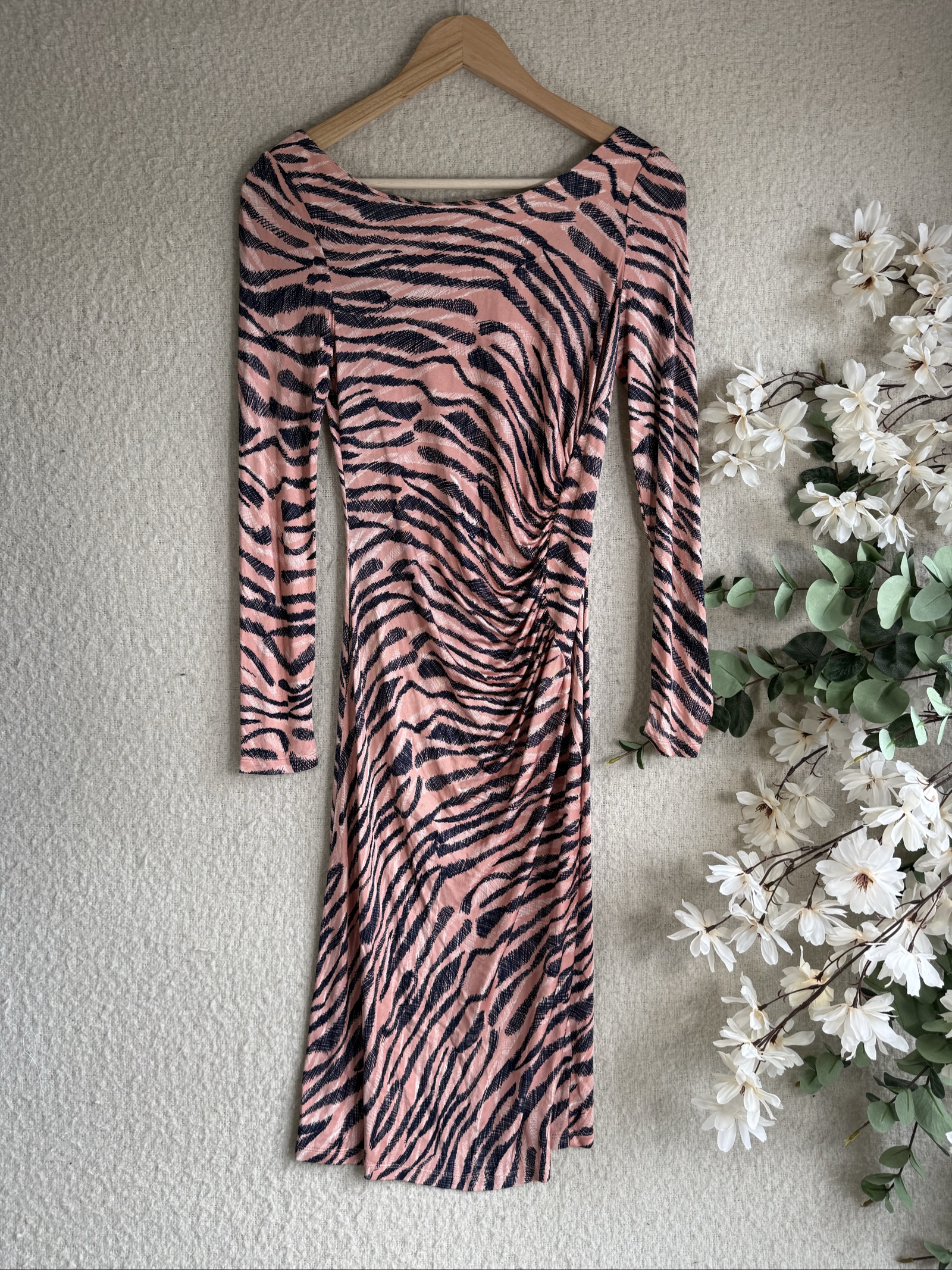 L.K. Bennett Pink & Black Zebra Print Ruched Long Sleeve Midi Dress UK 10