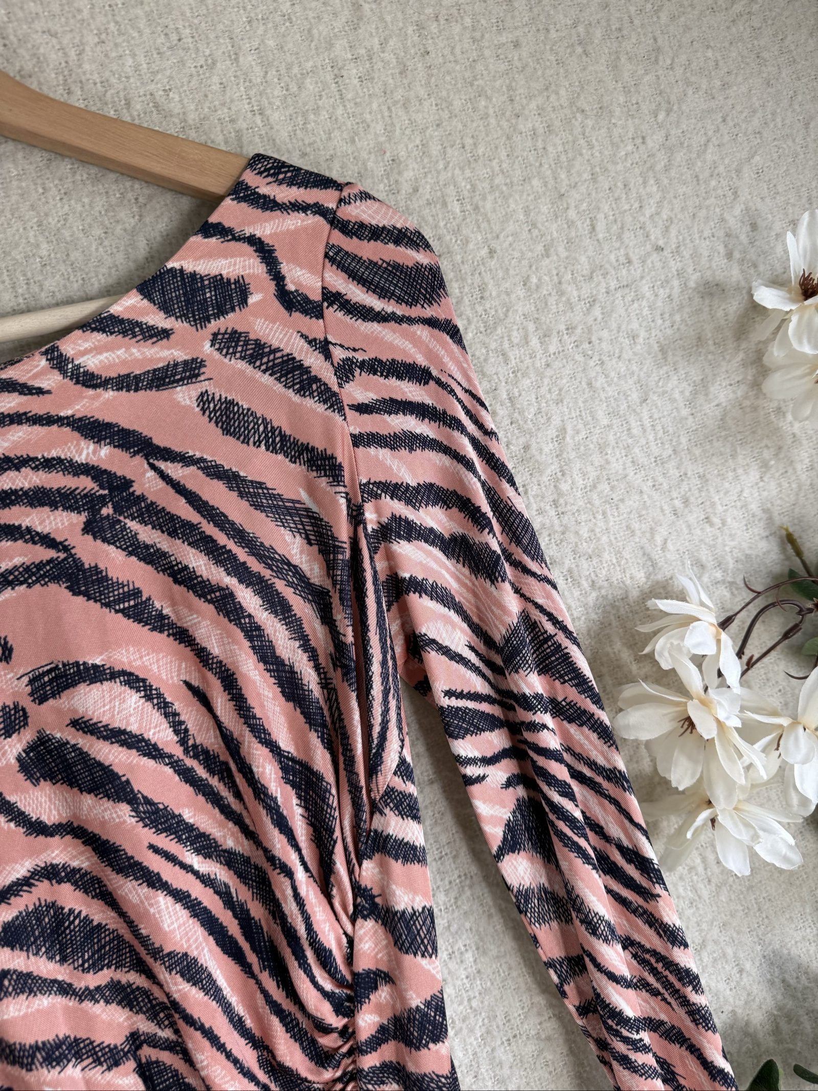 L.K. Bennett Pink & Black Zebra Print Ruched Long Sleeve Midi Dress UK 10 image 2