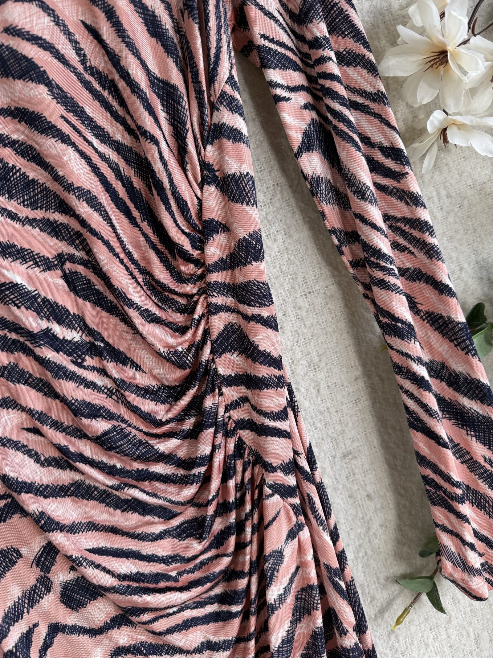 L.K. Bennett Pink & Black Zebra Print Ruched Long Sleeve Midi Dress UK 10 image 4