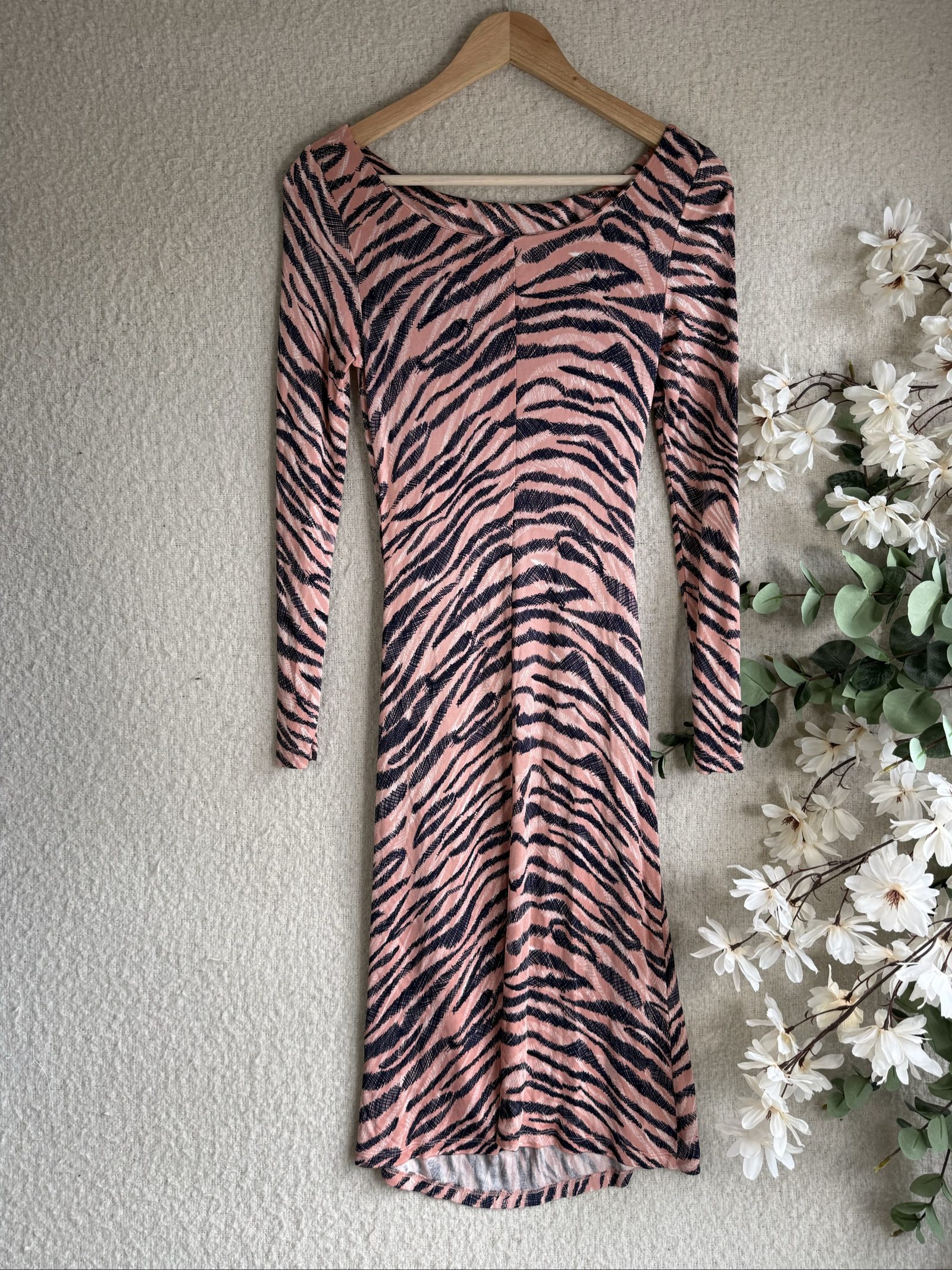 L.K. Bennett Pink & Black Zebra Print Ruched Long Sleeve Midi Dress UK 10 image 5