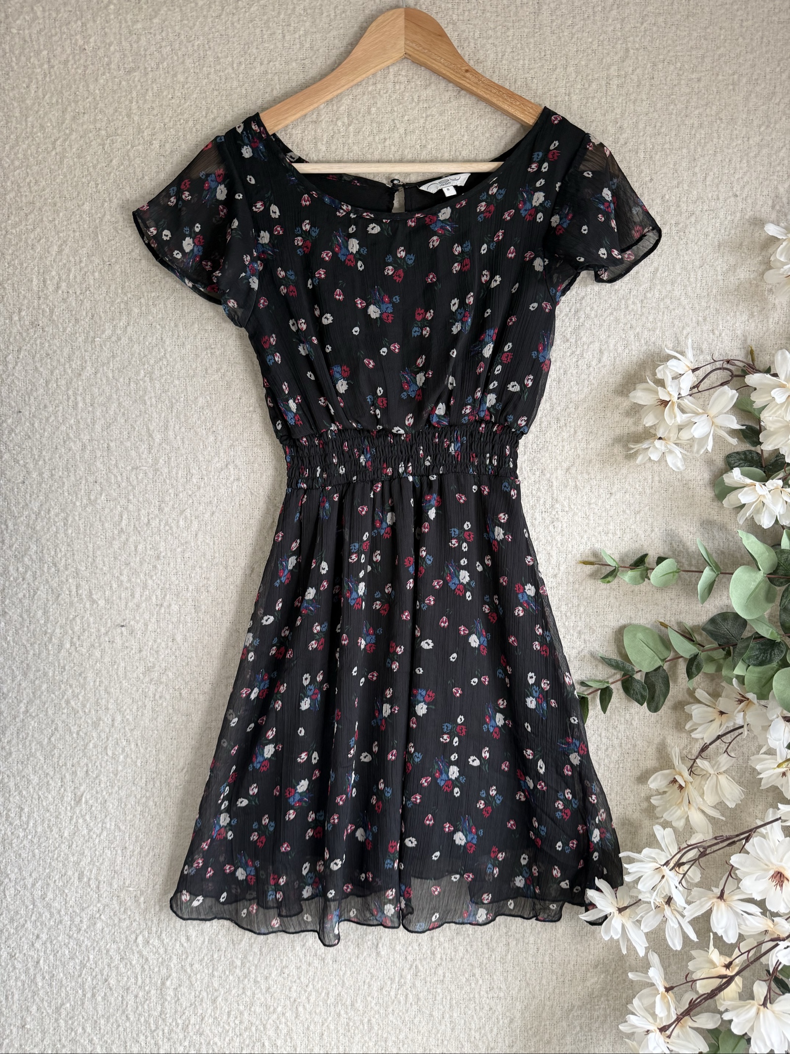New Look Black Floral Print Sheer Summer Dress UK 8 Elastic Waist Casual