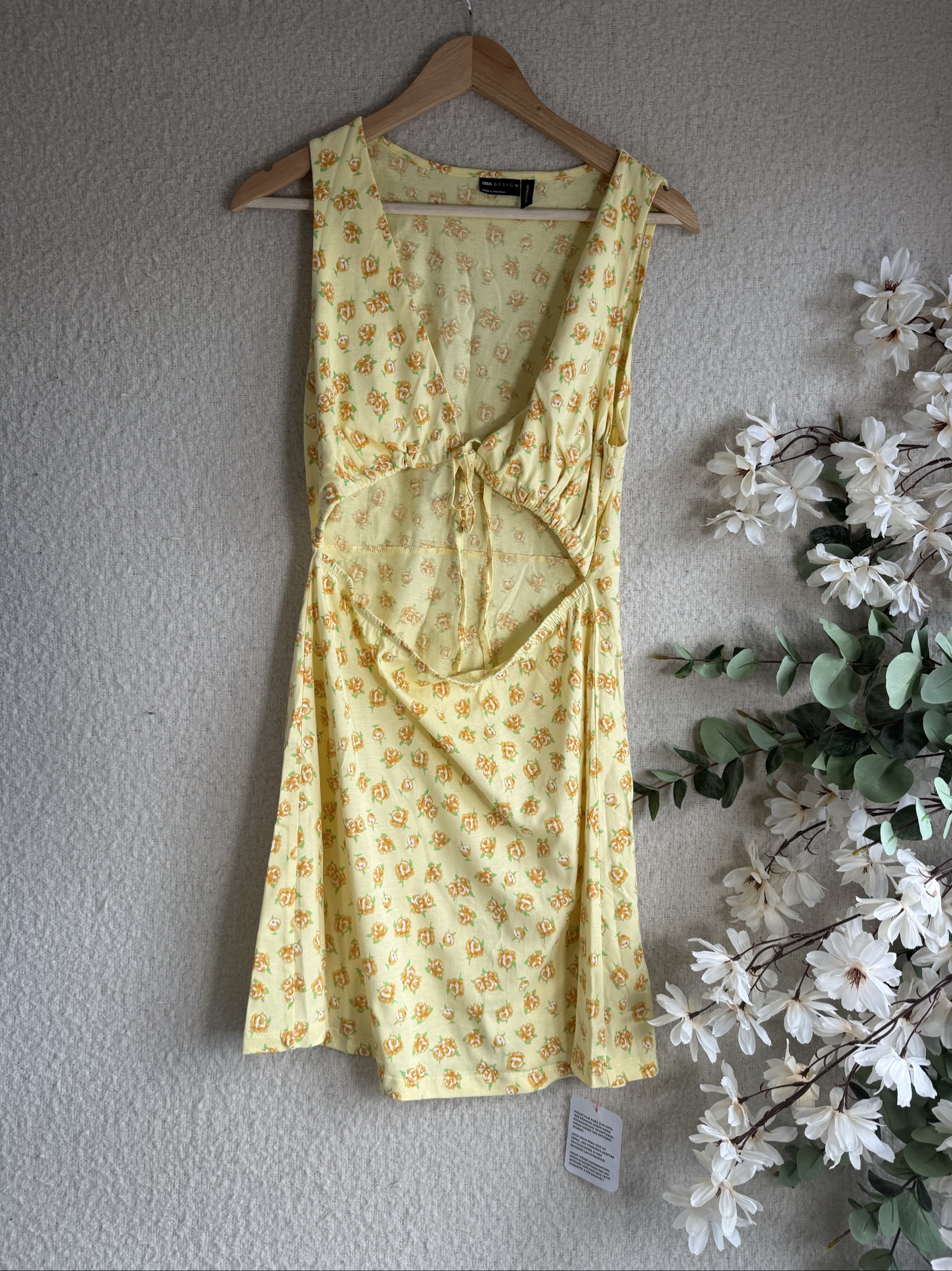ASOS Yellow Floral Cut Out Mini Dress UK 12 Summer Casual Sleeveless