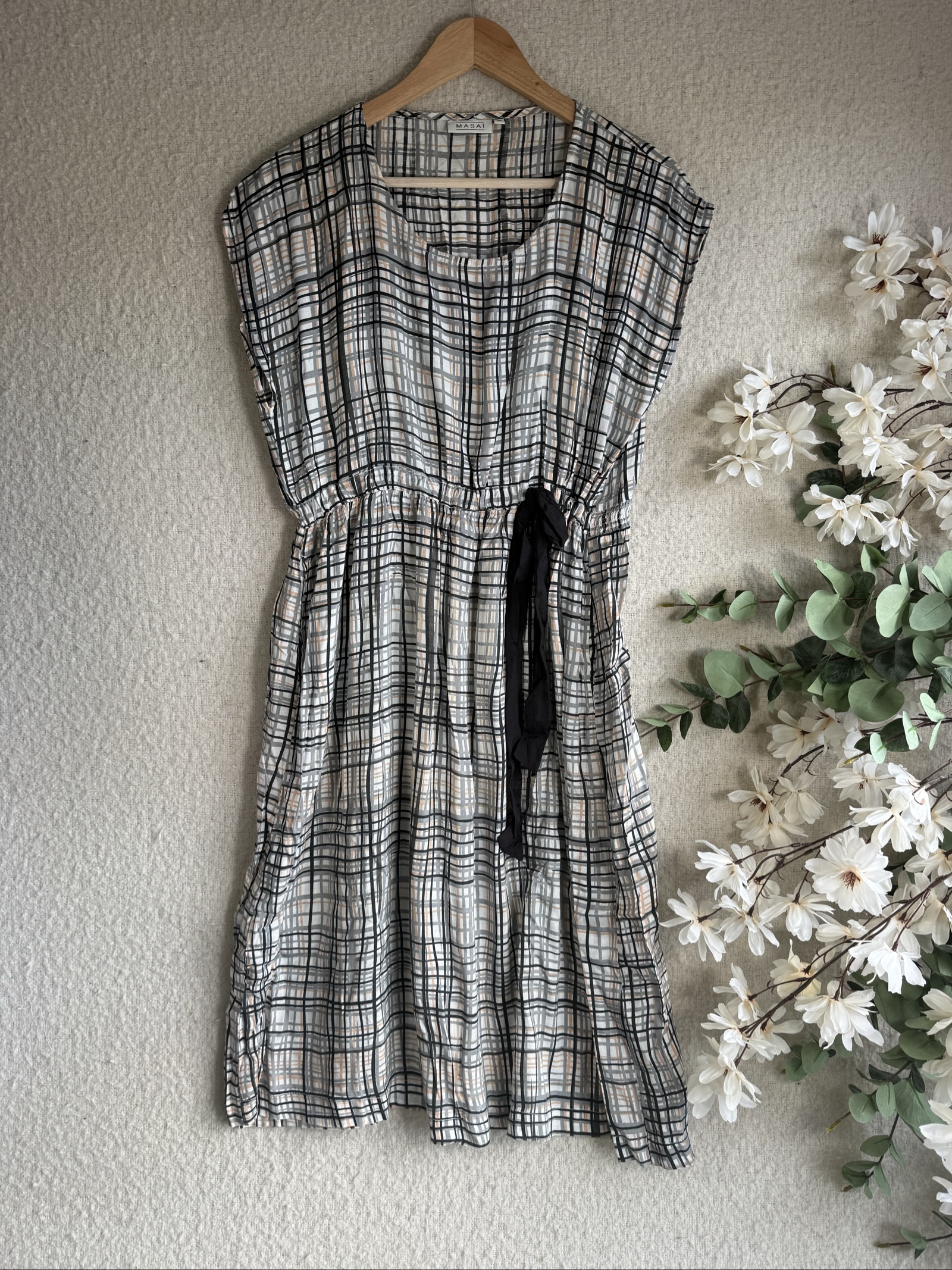 Masai Grey & Black Checked Midi Dress with Tie Belt UK Medium Elegant Casual