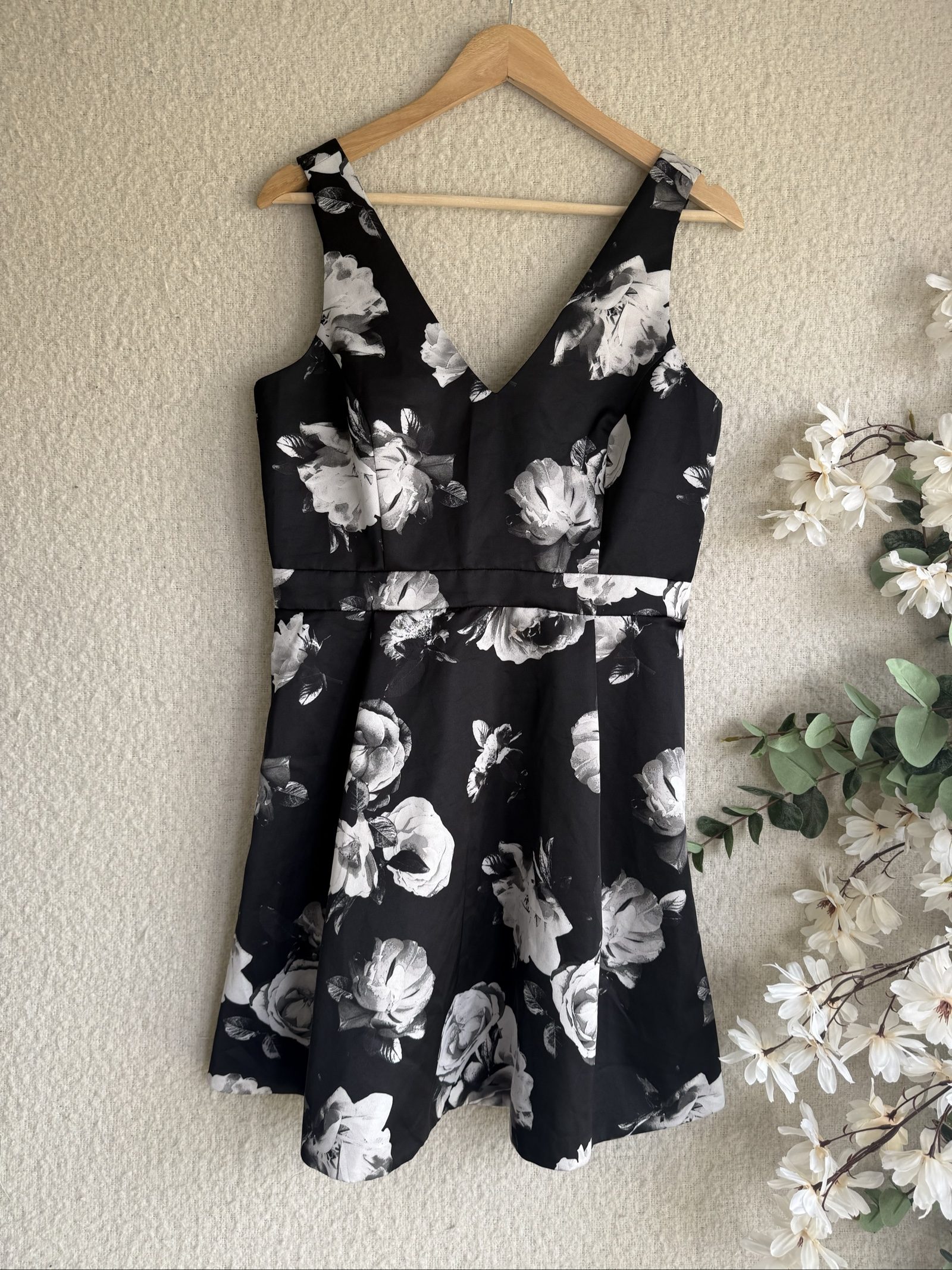 Miss Selfridge Black & White Floral Print Occasion Dress UK 14 Elegant Bow