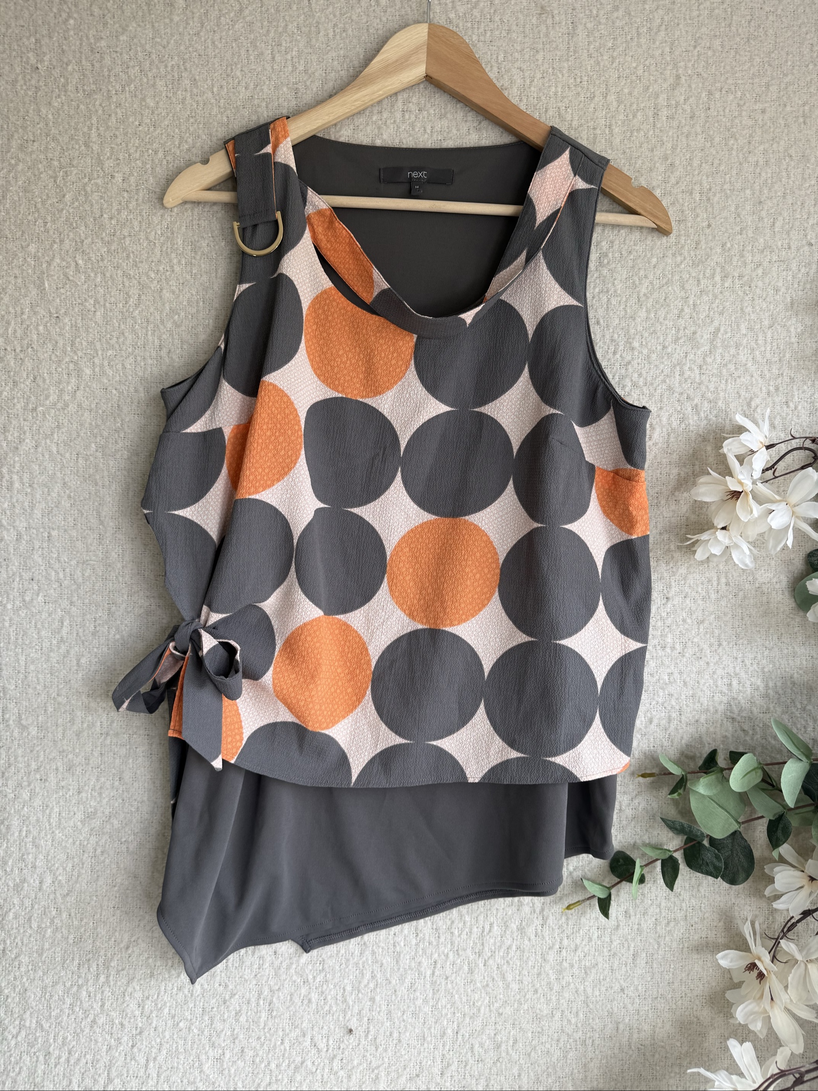 Next Grey & Orange Polka Dot Layered Sleeveless Top UK 14 Elegant Casual