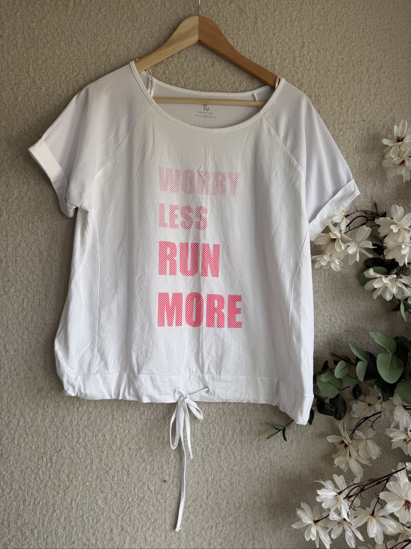 Tu White Run More Printed Casual Activewear Top UK 14 Drawstring Hem