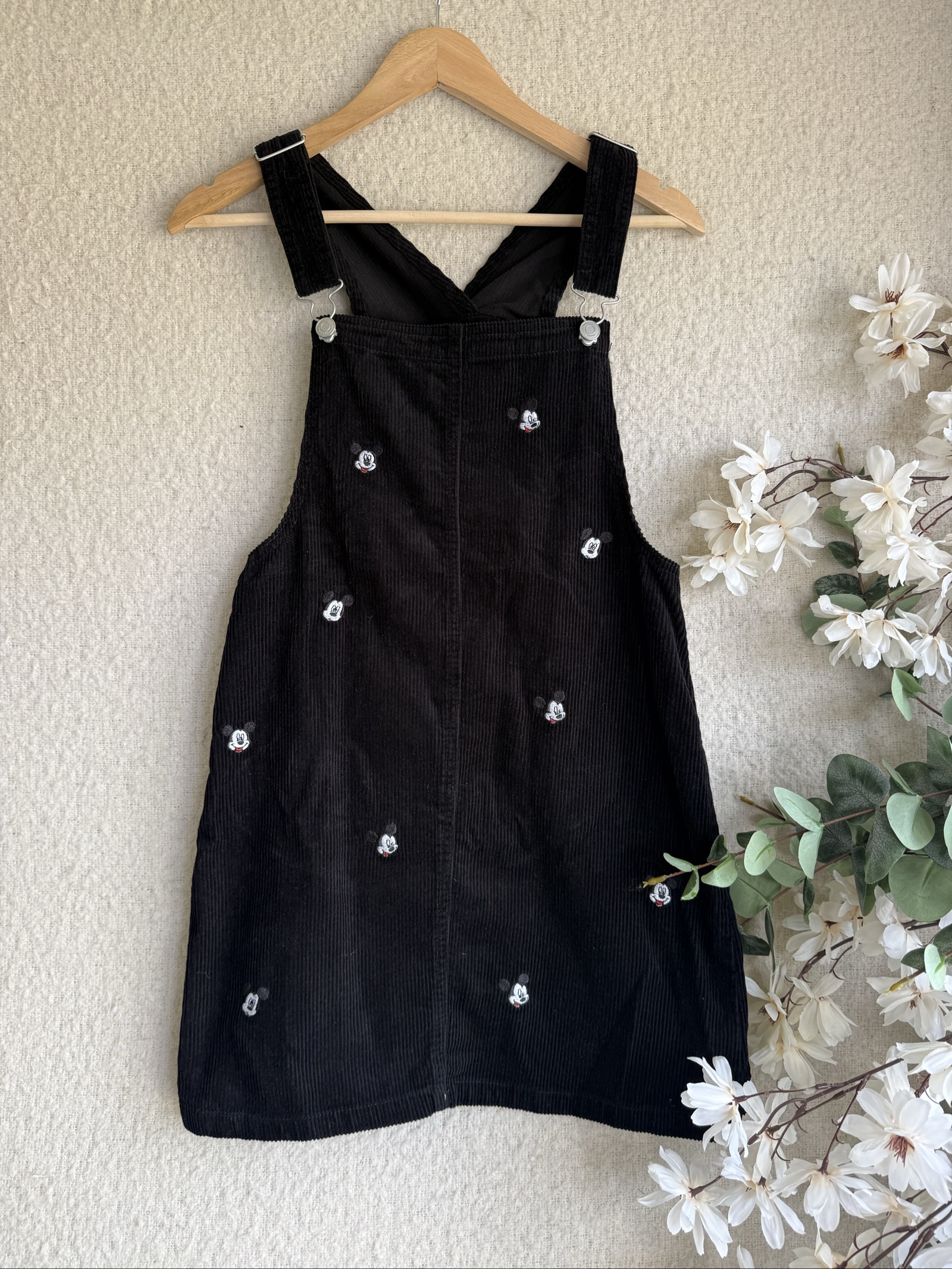 Disney Black Corduroy Mickey Mouse Pinafore Dress UK 8 Cute Embroidered Style