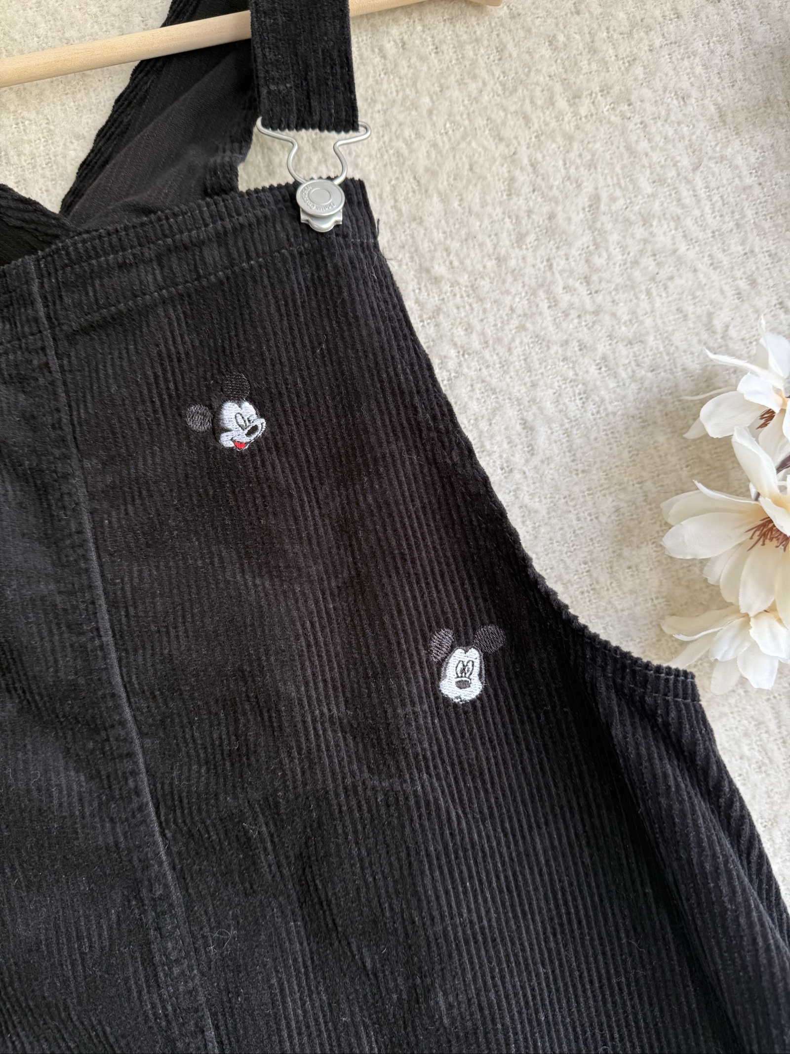 Disney Black Corduroy Mickey Mouse Pinafore Dress UK 8 Cute Embroidered Style image 2