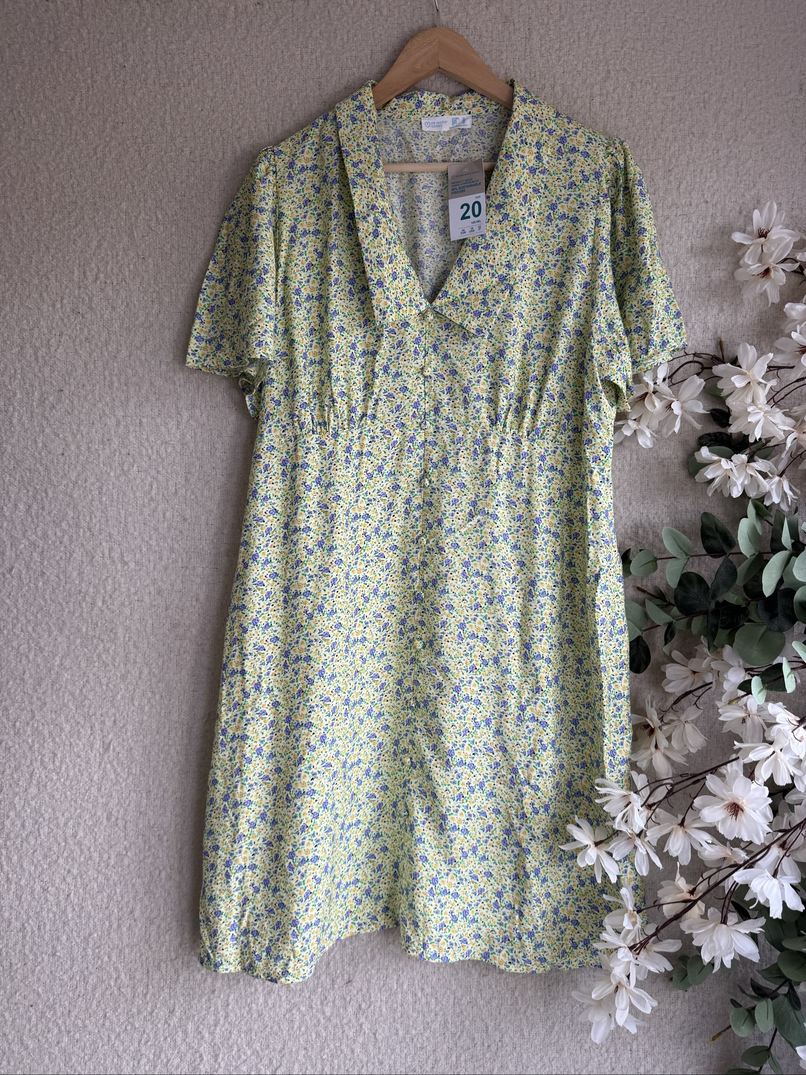 Primark Yellow & Blue Floral Casual Dress UK 20 Lightweight Summer Dress