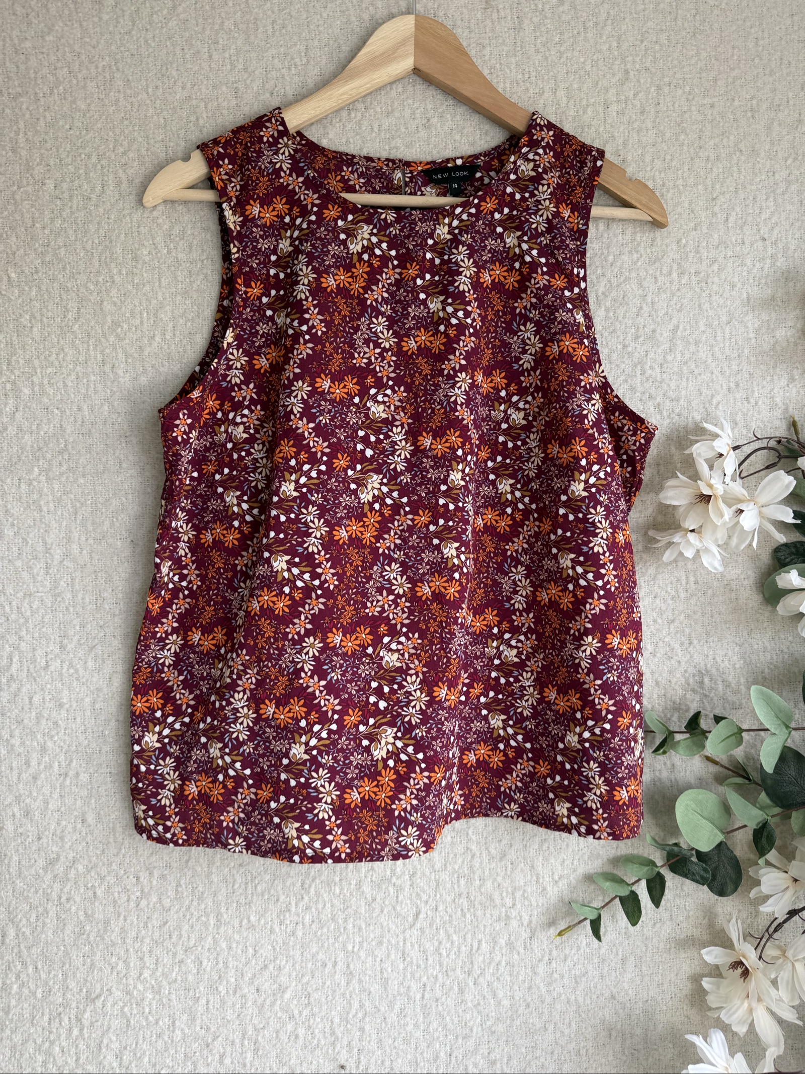 New Look Burgundy Floral Print Sleeveless Top UK 14 Summer Casual Blouse
