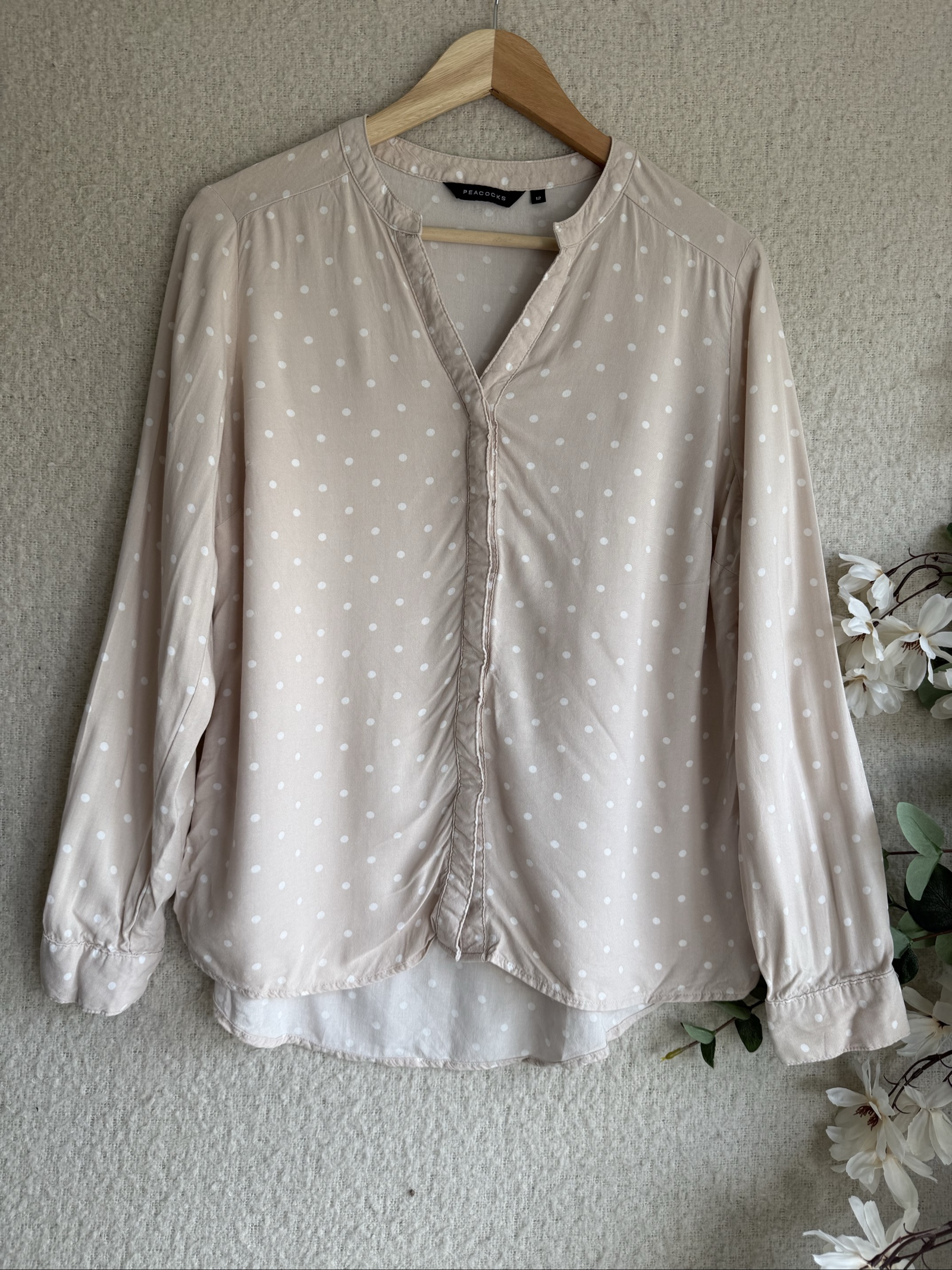 Peacocks Beige & White Polka Dot Button Up Blouse UK 12 Casual Everyday Wear