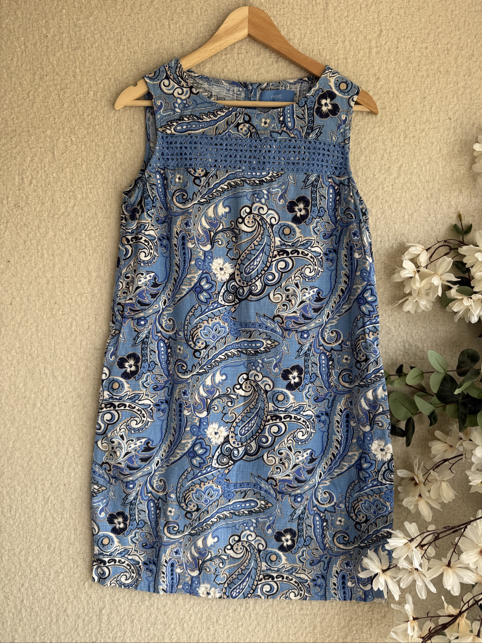 Next Blue Paisley Print Sleeveless Shift Dress UK 12 Crochet Detail Trendy
