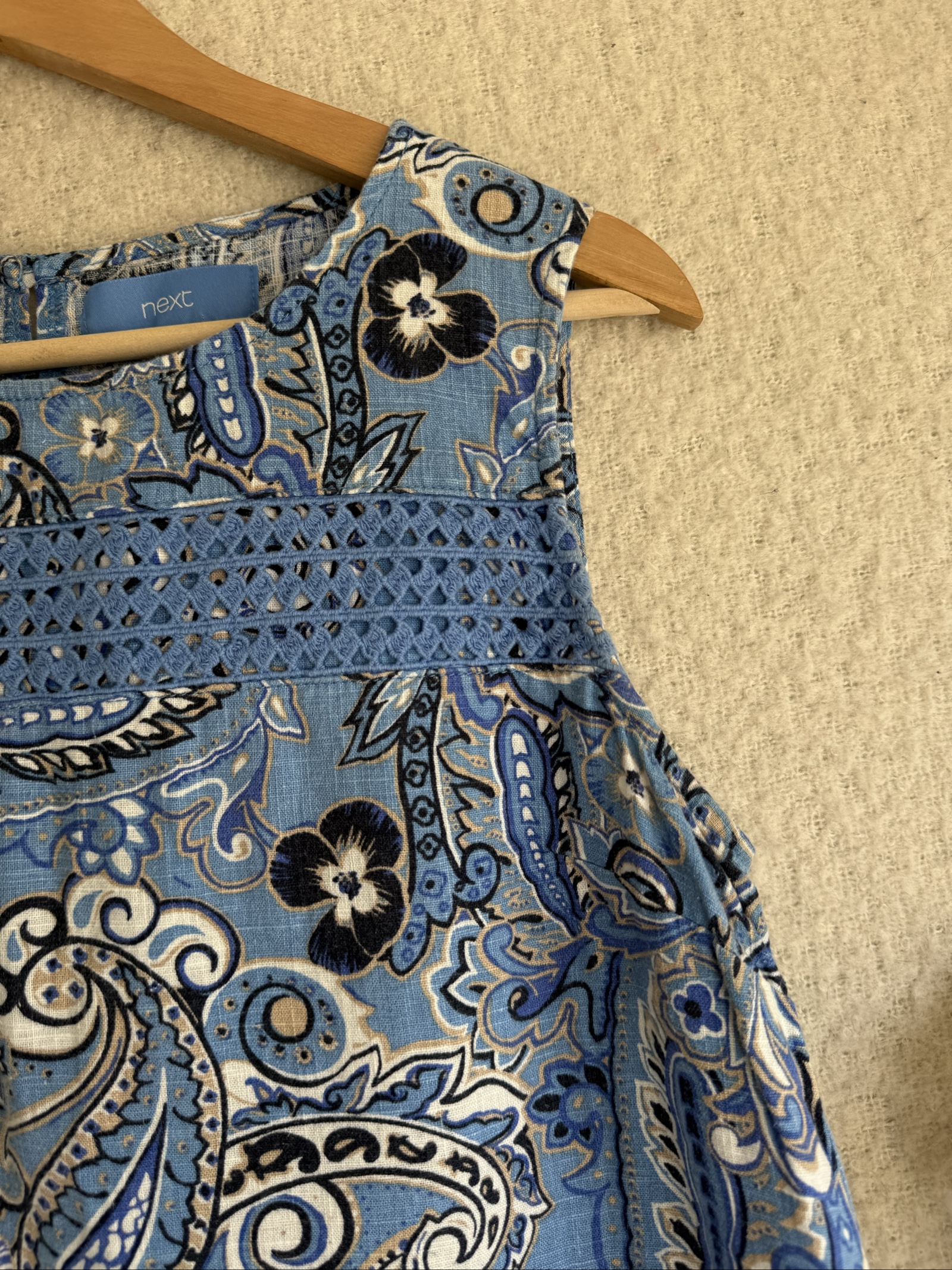 Next Blue Paisley Print Sleeveless Shift Dress UK 12 Crochet Detail Trendy image 2