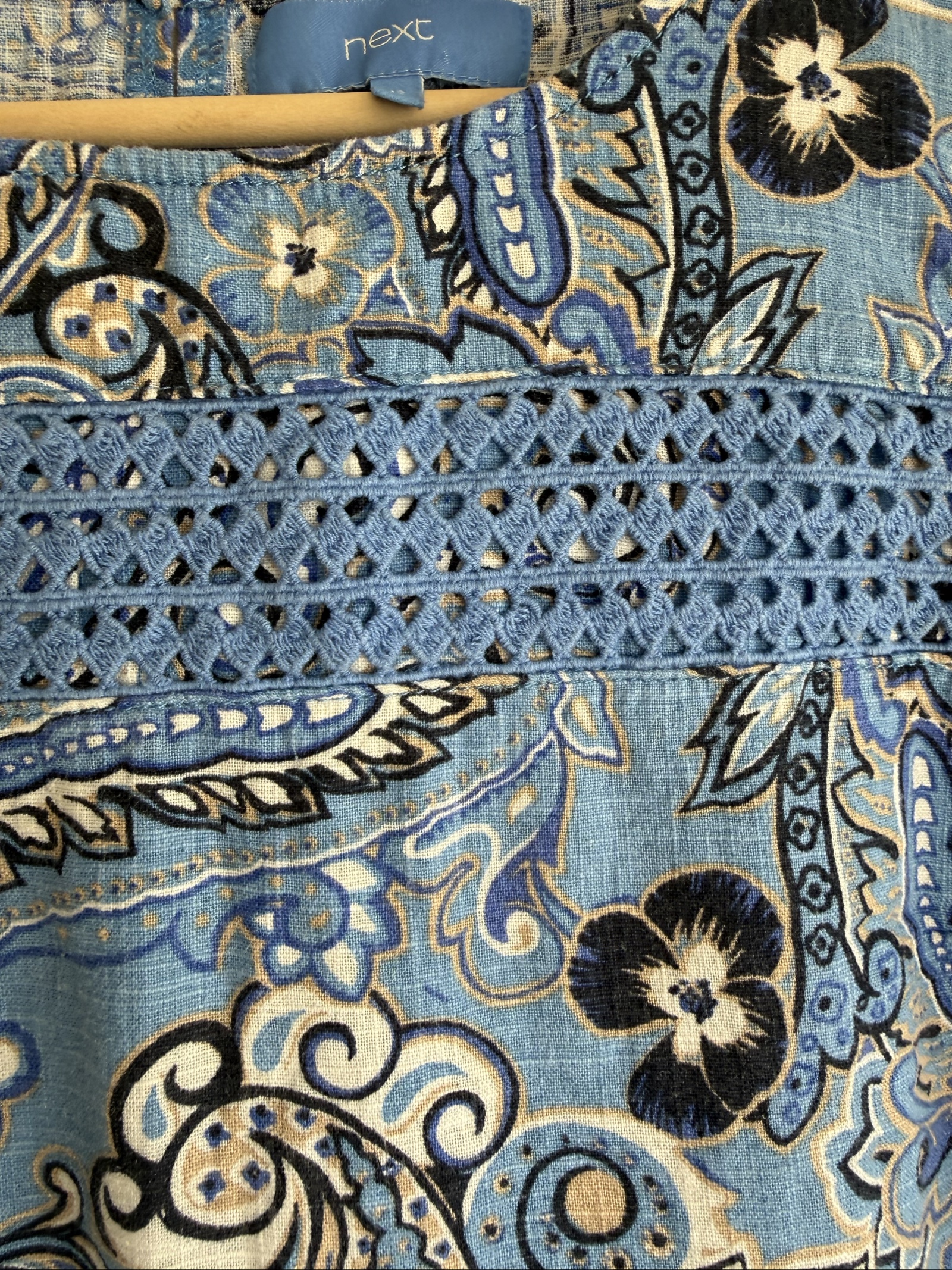 Next Blue Paisley Print Sleeveless Shift Dress UK 12 Crochet Detail Trendy image 6