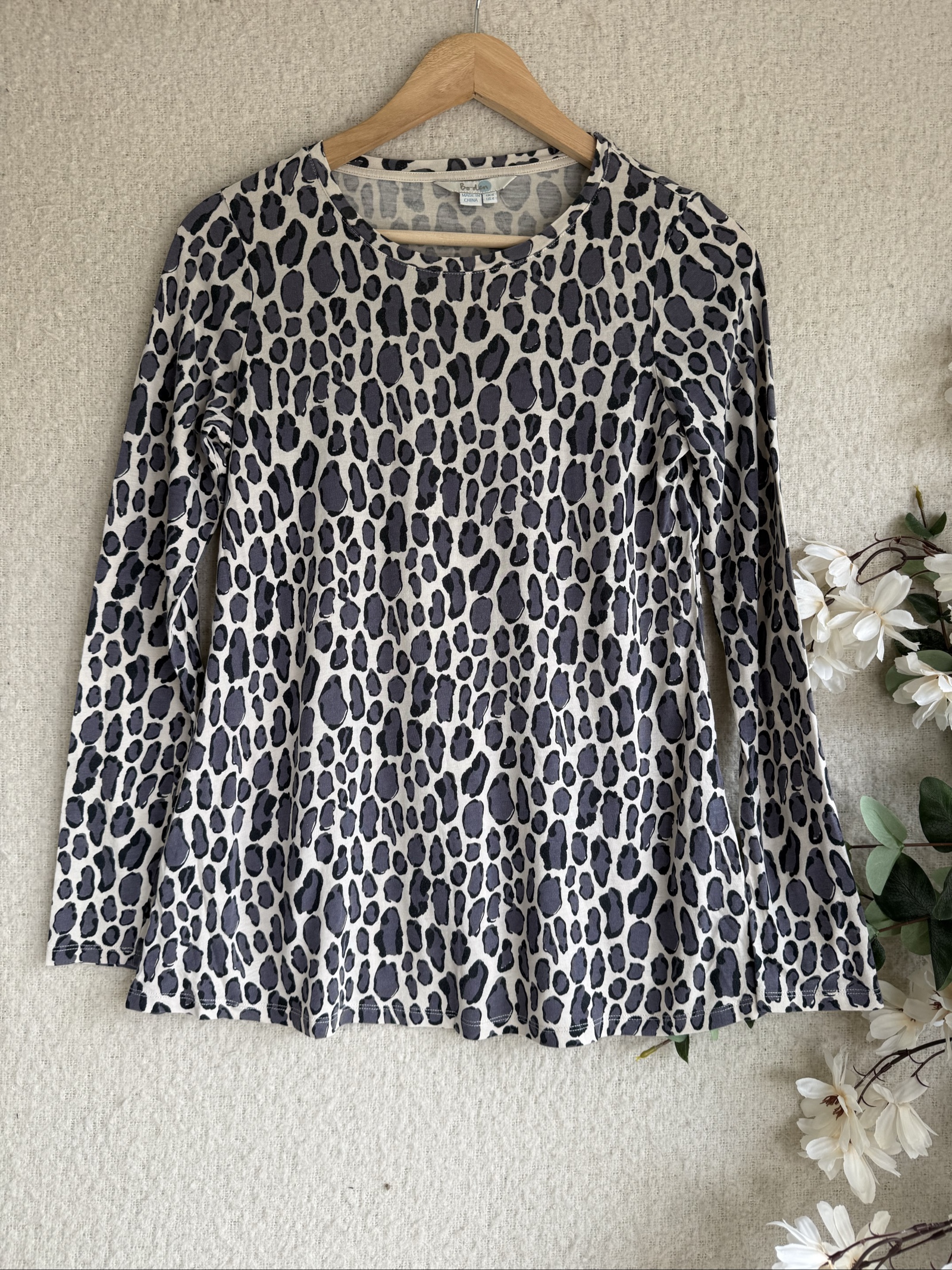 Boden Grey & Black Leopard Print Long Sleeve Top UK 8 Soft Fabric Casual