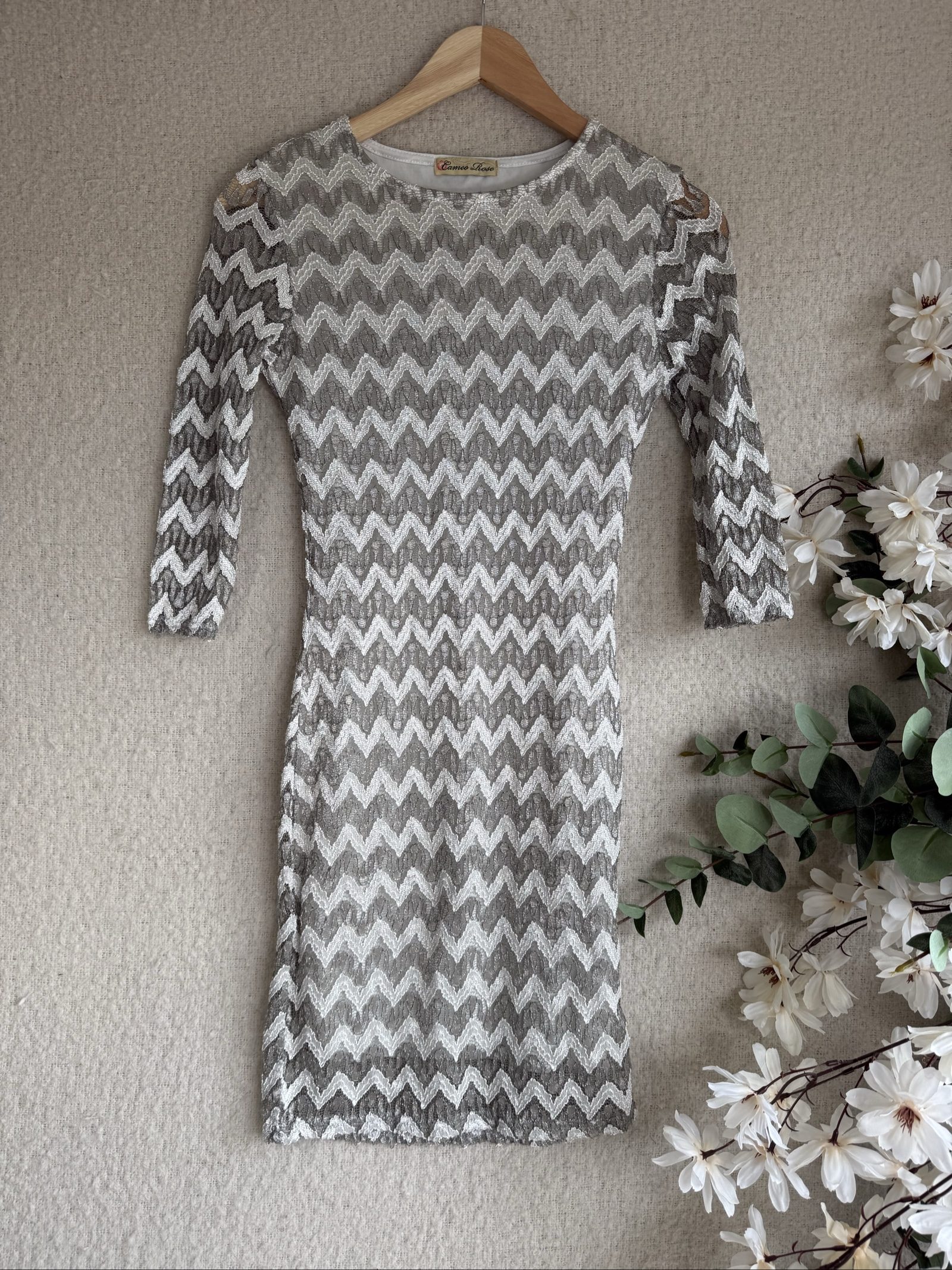 Cameo Rose Beige & White Lace Bodycon Dress UK 10 Elegant Patterned Midi Dress