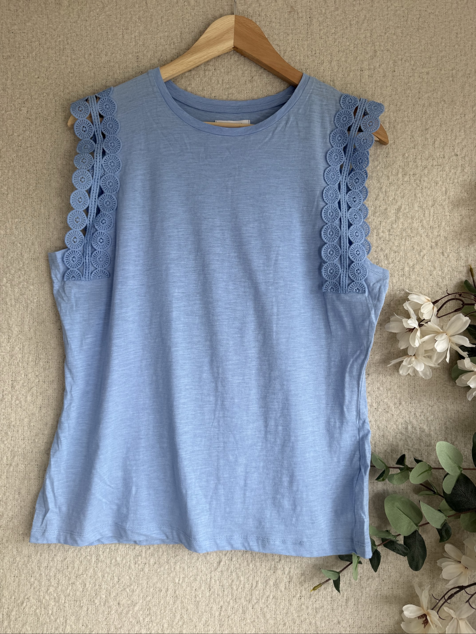 Papaya Blue Cotton Sleeveless Top Size 12 with Lace Trim Summer Casual