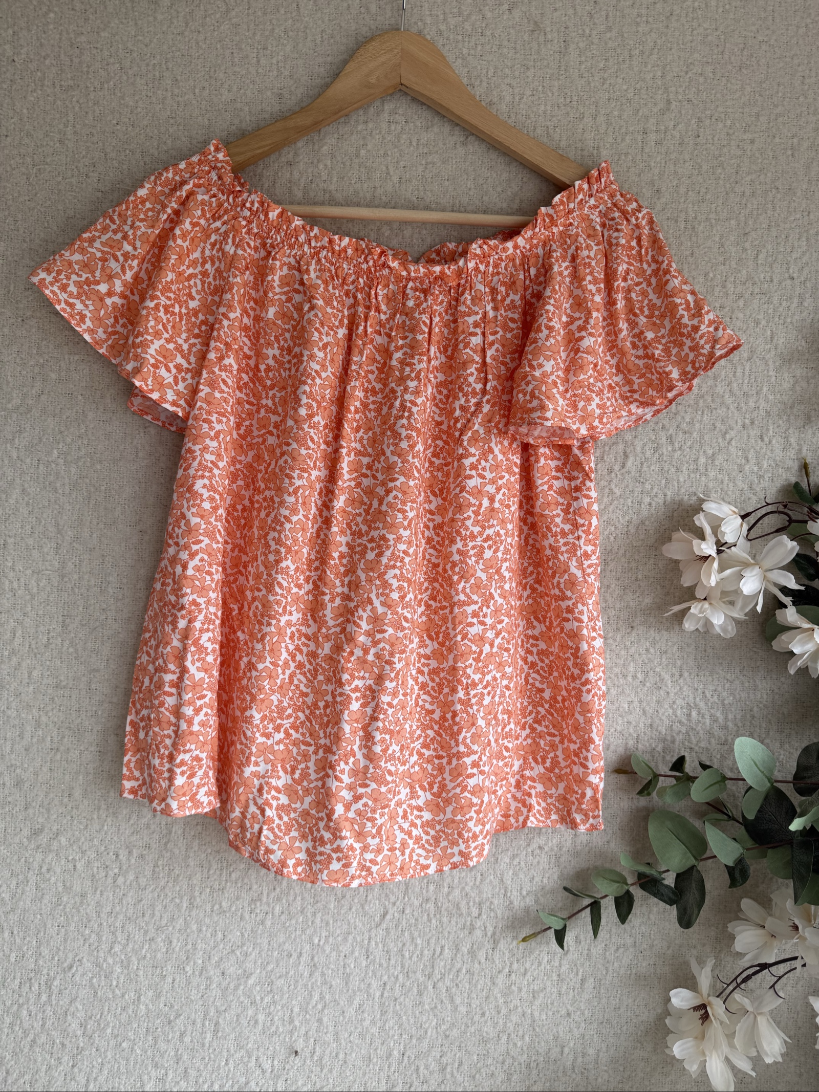 Papaya Orange Floral Print Off Shoulder Top UK 8 Lightweight Viscose Women