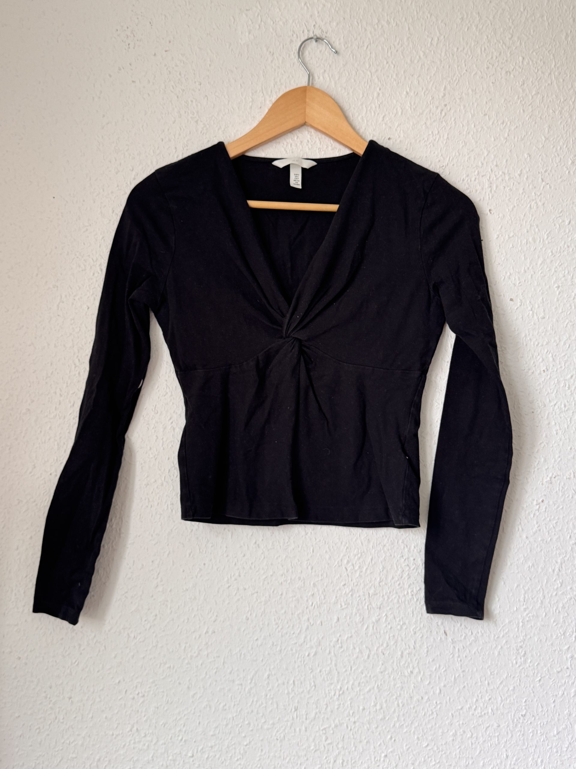 H&M Black Long Sleeve Twist Front Top Small 2880