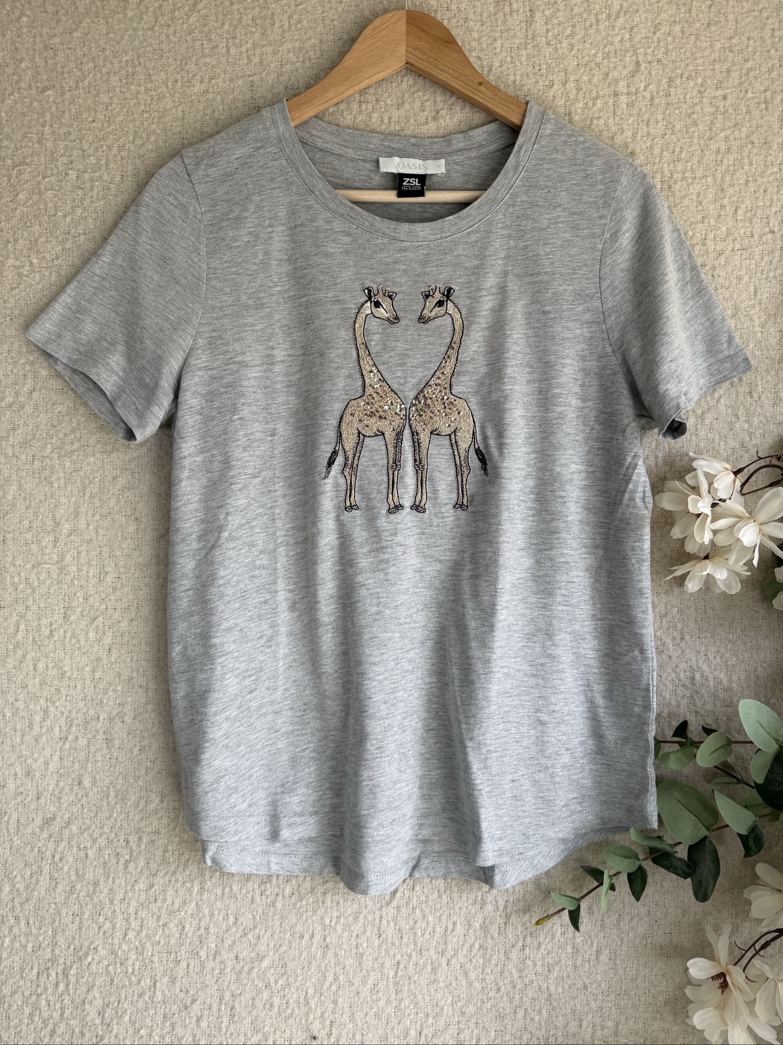 Oasis Grey Giraffe Sequin Embroidered T-Shirt UK Medium Casual Animal Print