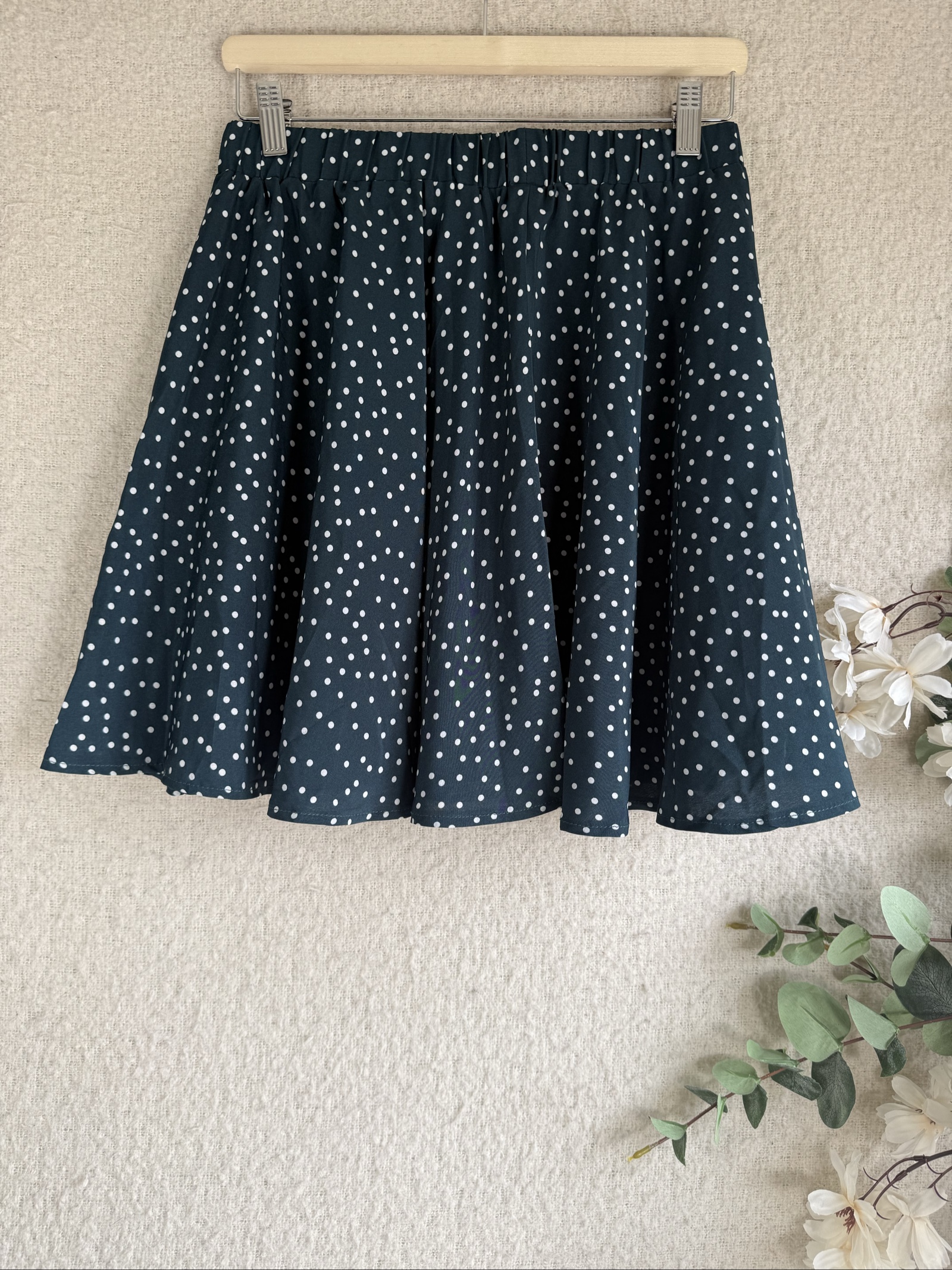SHEIN Navy & White Polka Dot Casual Flared Skirt UK Medium Elastic Waist