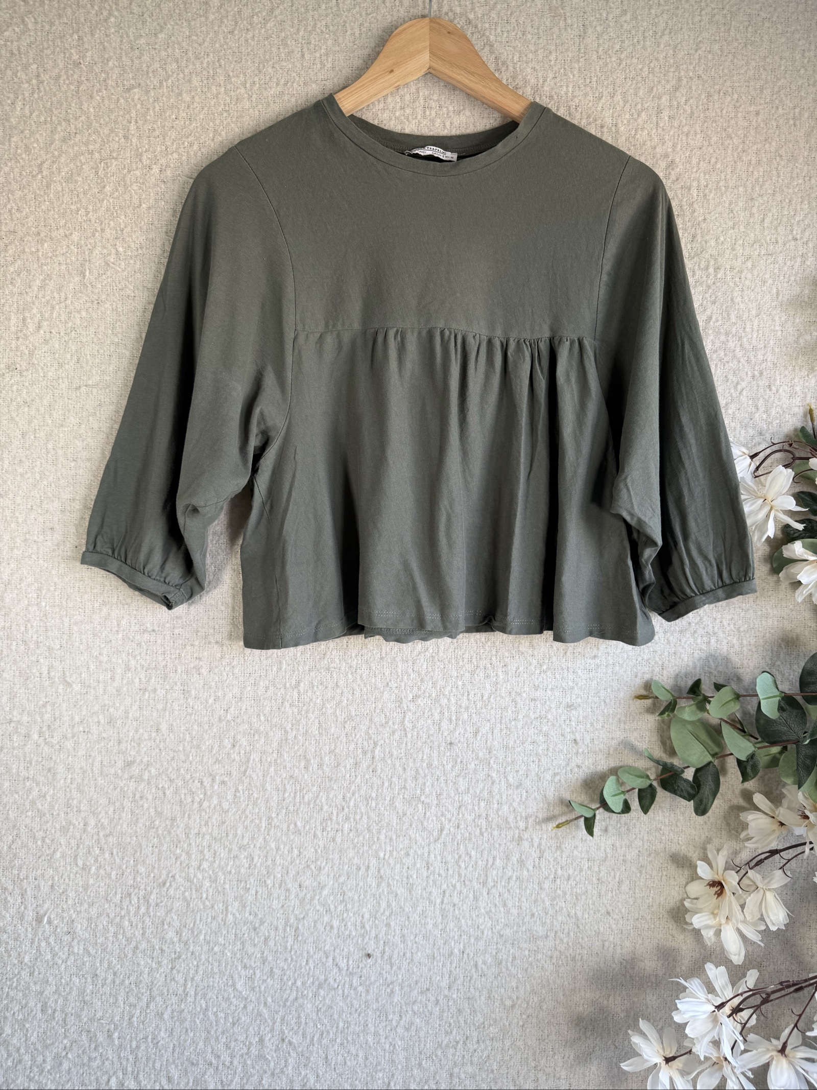 Zara Trafaluc Olive Green Oversized Peplum Long Sleeve Top UK Small Casual Chic