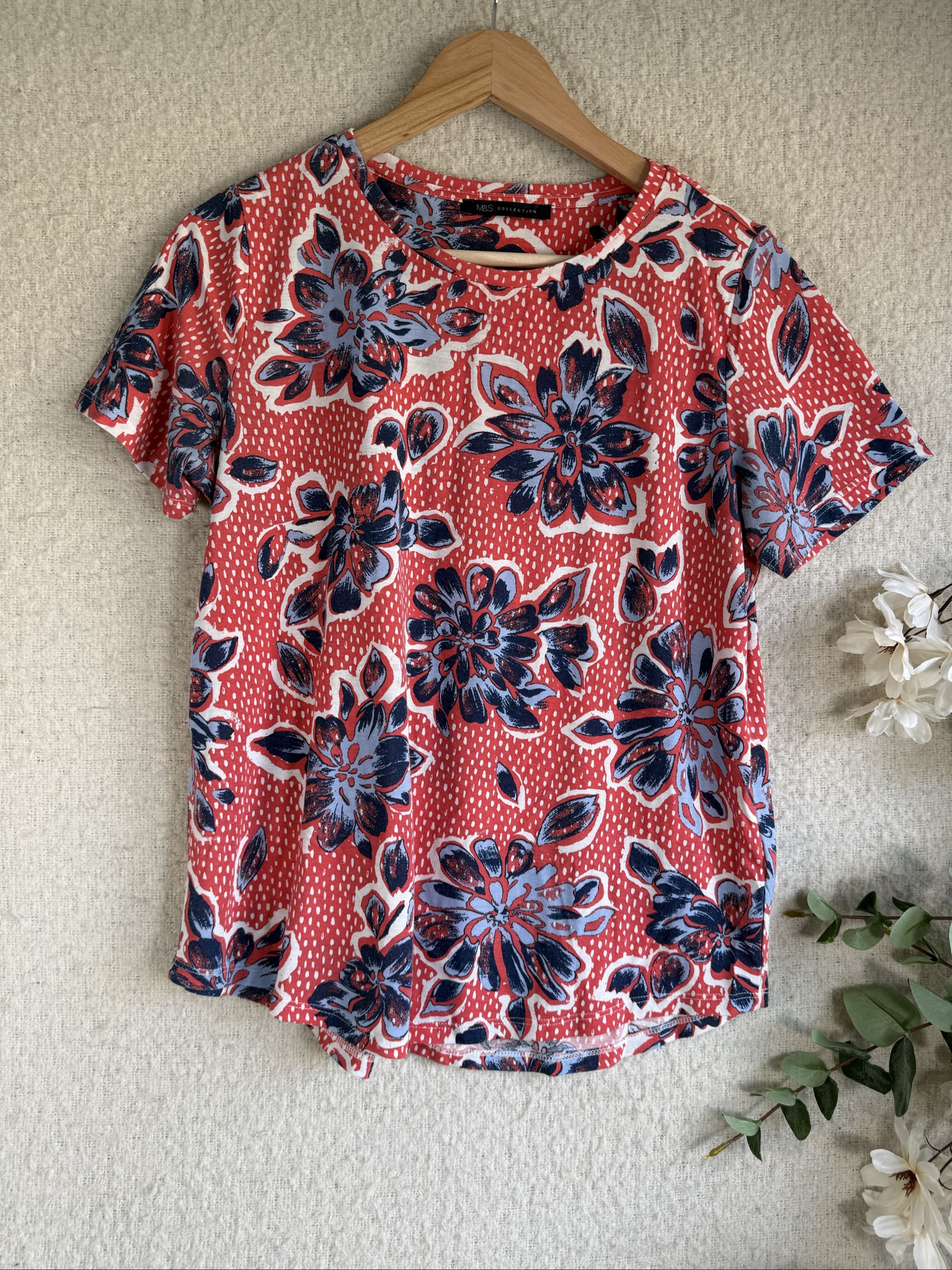 M&S Red Mix Floral Print Casual T-Shirt UK 14 Short Sleeve Summer Top