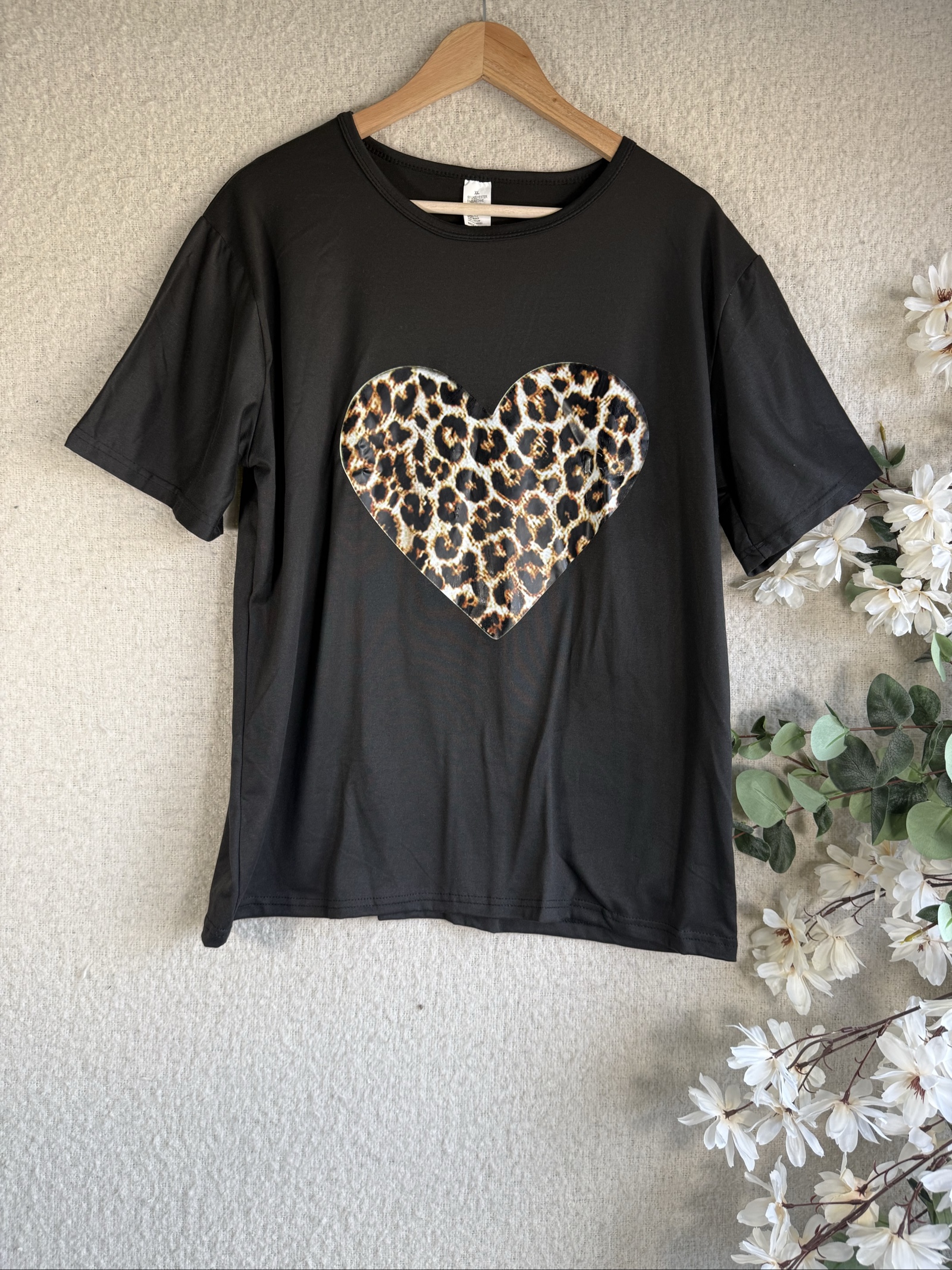 Black Heart Print Relaxed Fit T-Shirt XL Polyester Casual Chic Streetwear