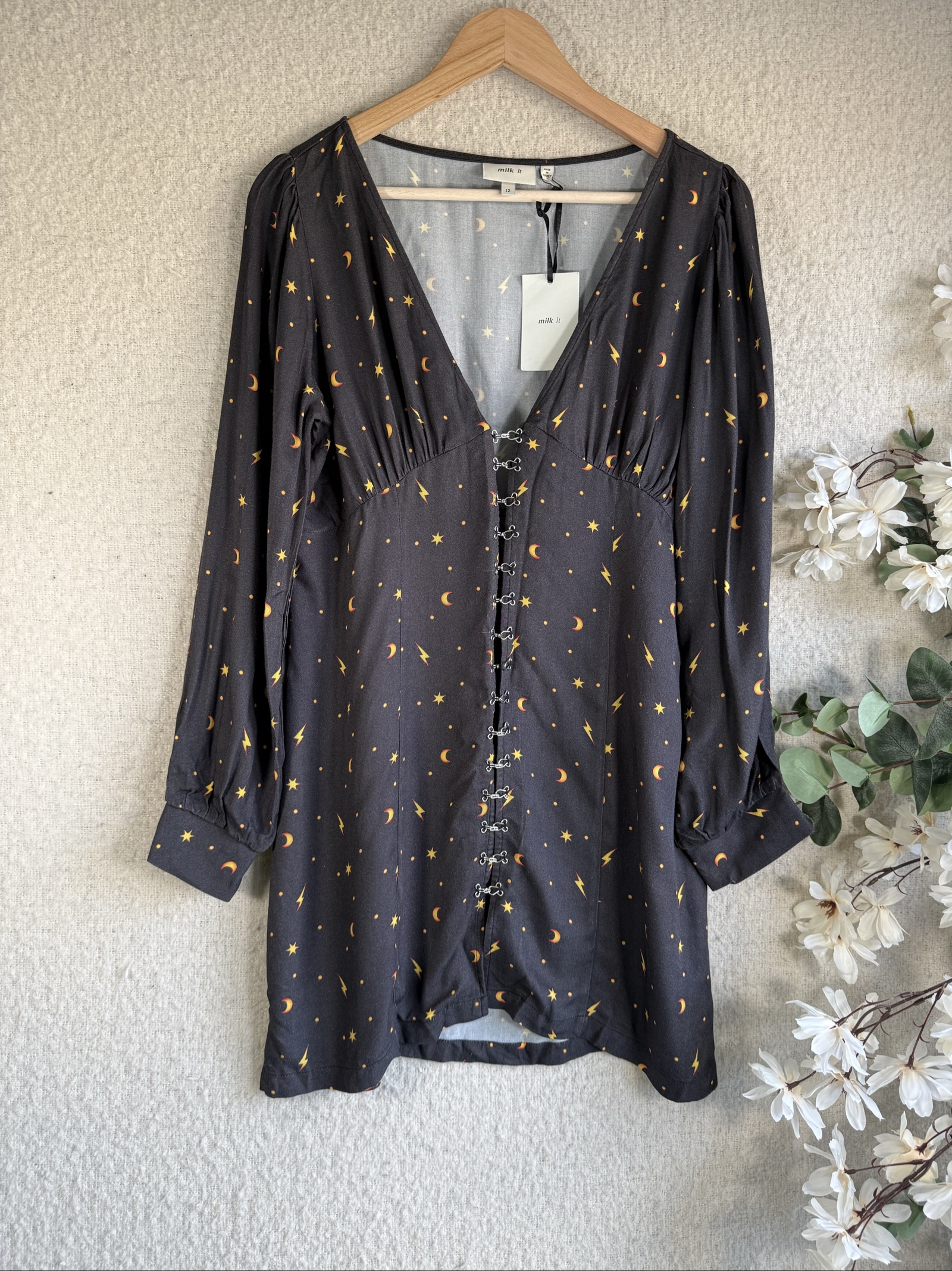 Milk It Black Mystical Print Mini Dress UK 12 Ruched Bust Hook Eye Closure