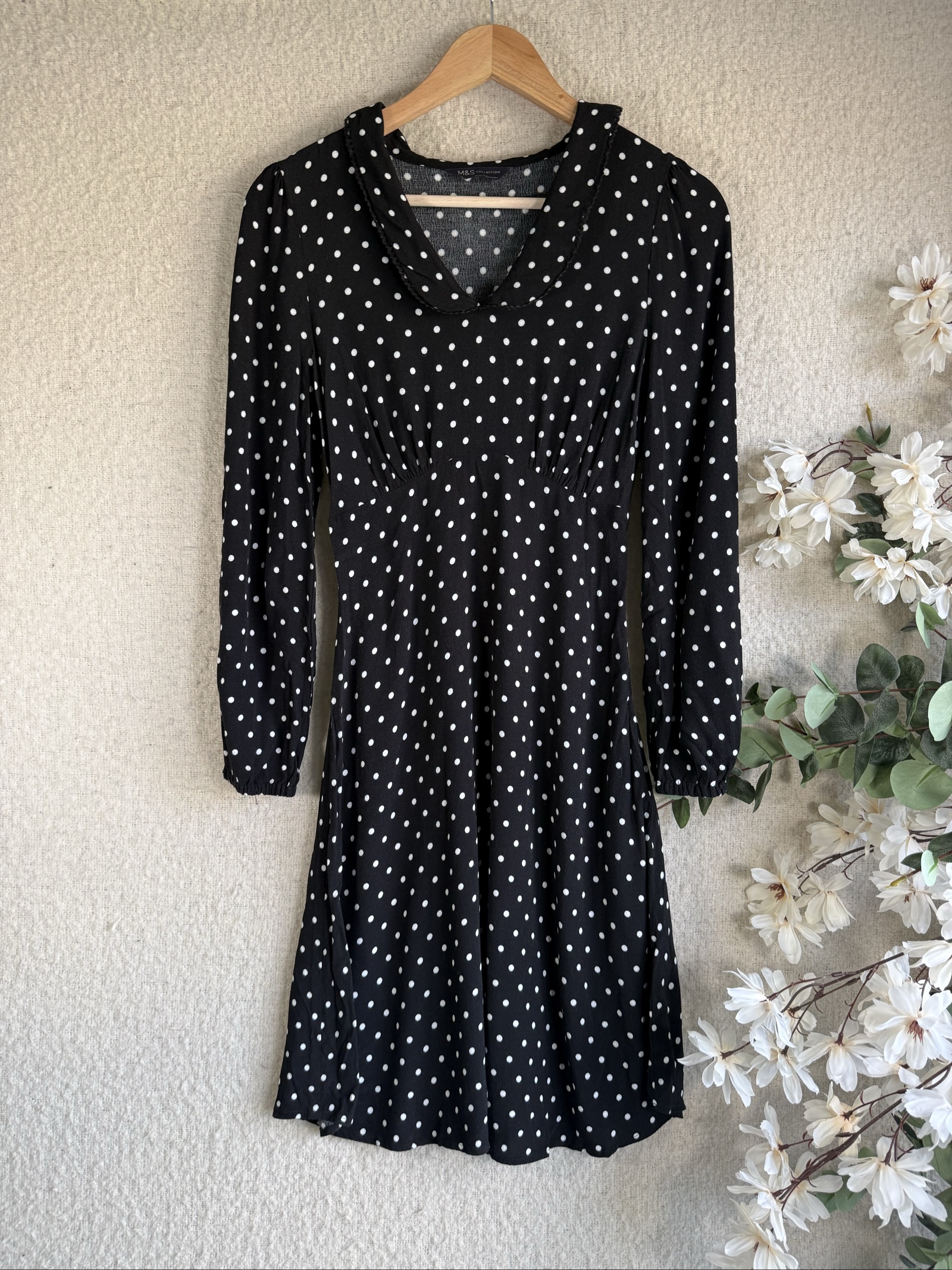 M&S Black & White Polka Dot Long Sleeve Dress UK 14 Classic Fit Chic