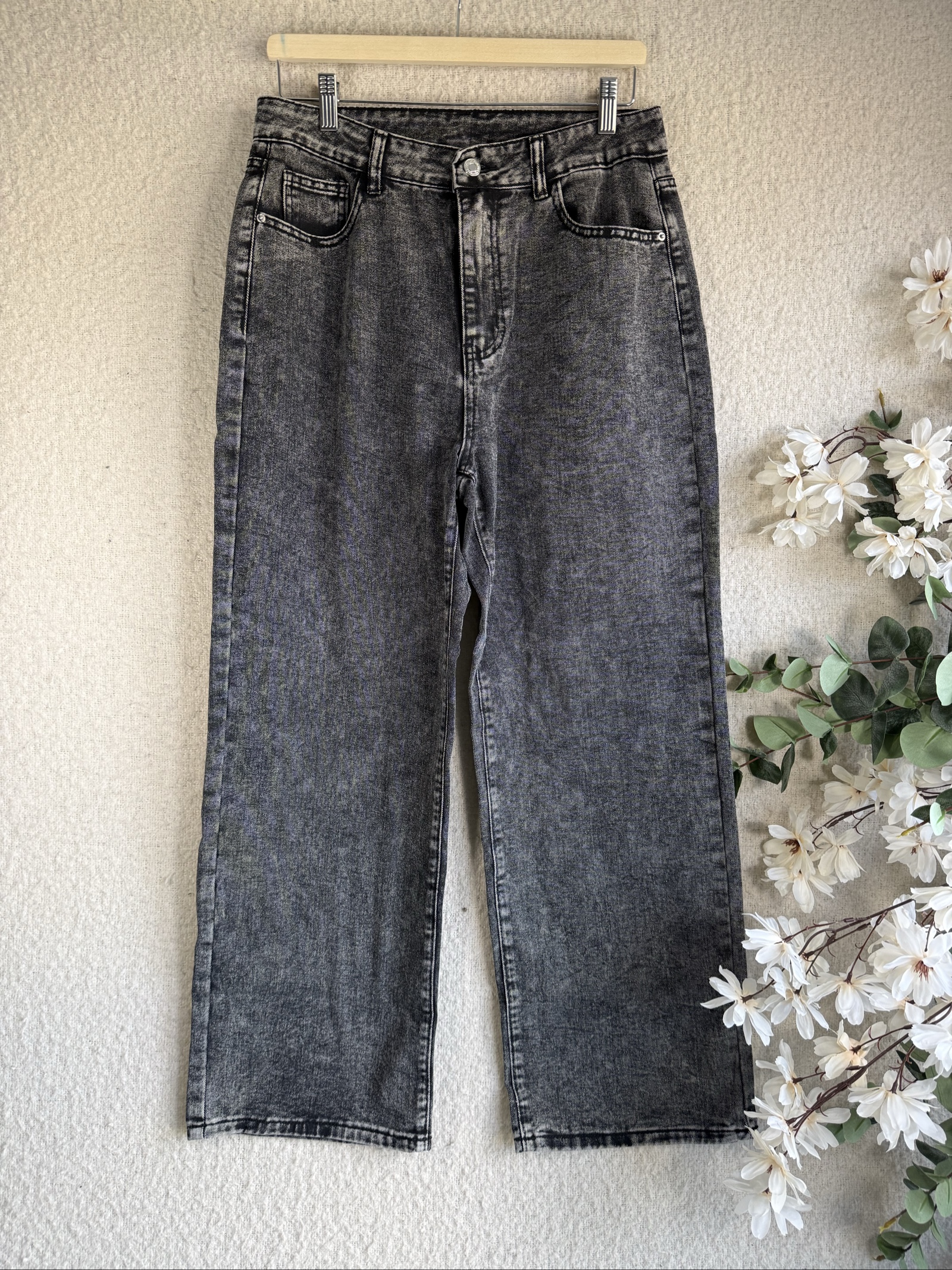 Unbranded Black Acid Wash Wide Leg Jeans UK M Casual Streetwear Denim Trousers