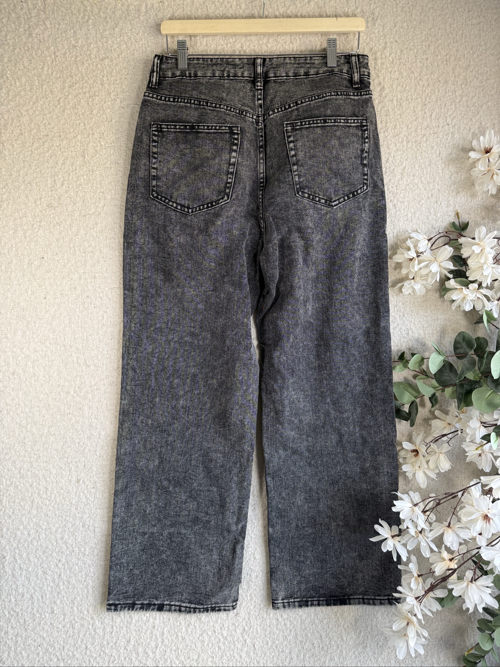 Unbranded Black Acid Wash Wide Leg Jeans UK M Casual Streetwear Denim Trousers image 4