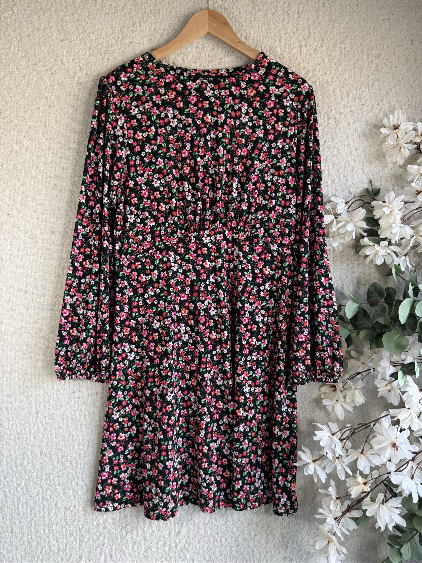 Simply Be Black Floral Print Long Sleeve Dress UK 18 Elegant Casual Wear
