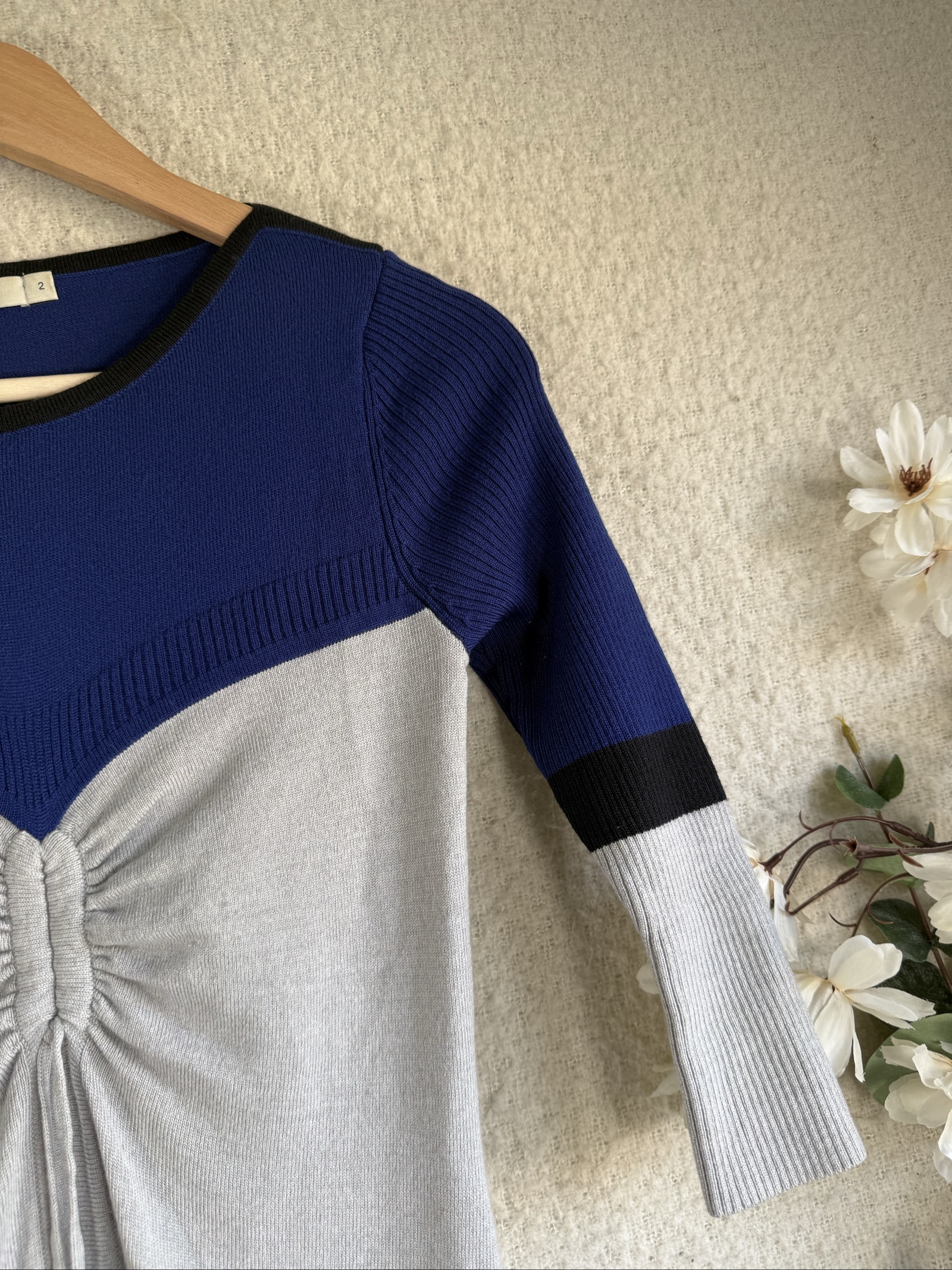 Karen Millen Blue Grey Black Colourblock Ruched Waist Knit Dress UK 2 Stylish Chic image 2