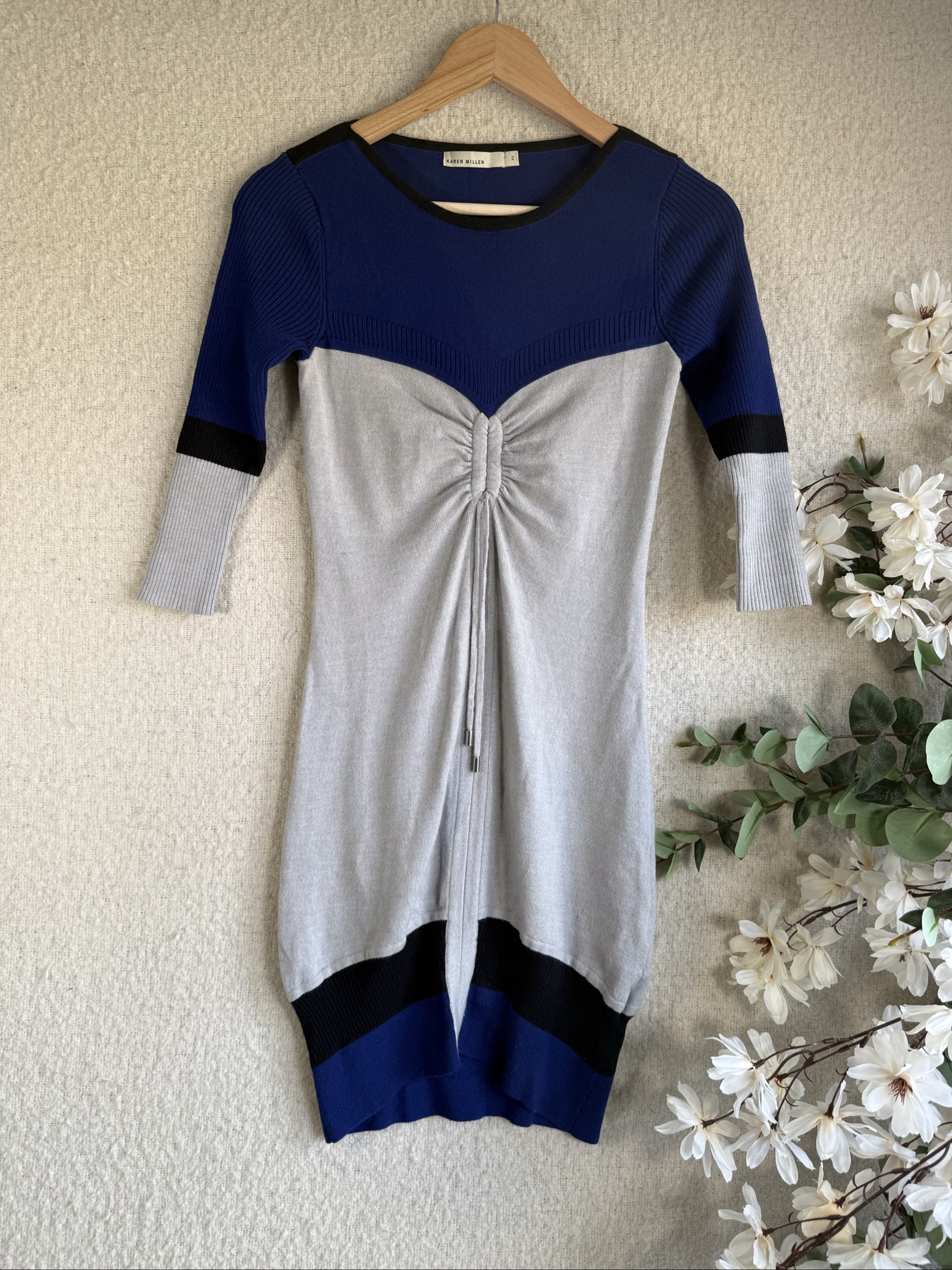 Karen Millen Blue Grey Black Colourblock Ruched Waist Knit Dress UK 2 Stylish Chic image 2