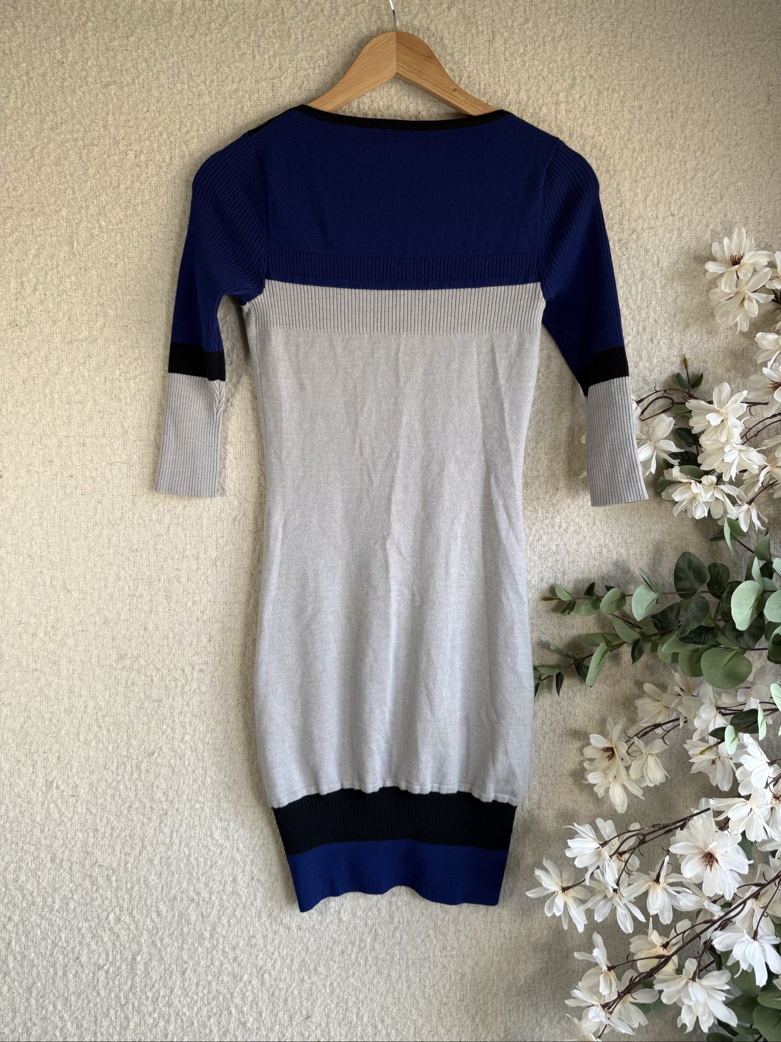Karen Millen Blue Grey Black Colourblock Ruched Waist Knit Dress UK 2 Stylish Chic image 6