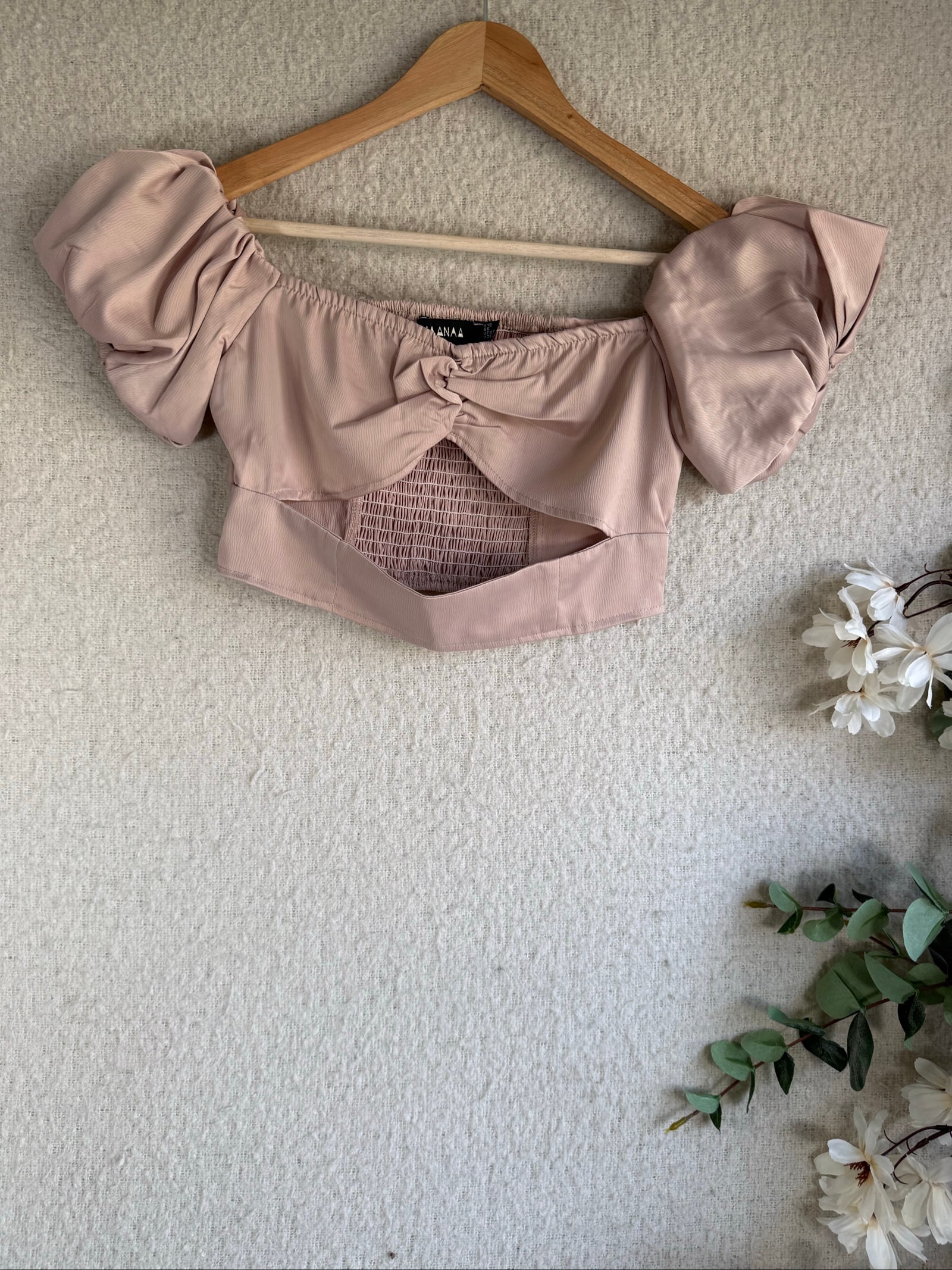 NAANAA Nude Puff Sleeve Crop Top UK 10 Knot Front Summer Chic Off Shoulder