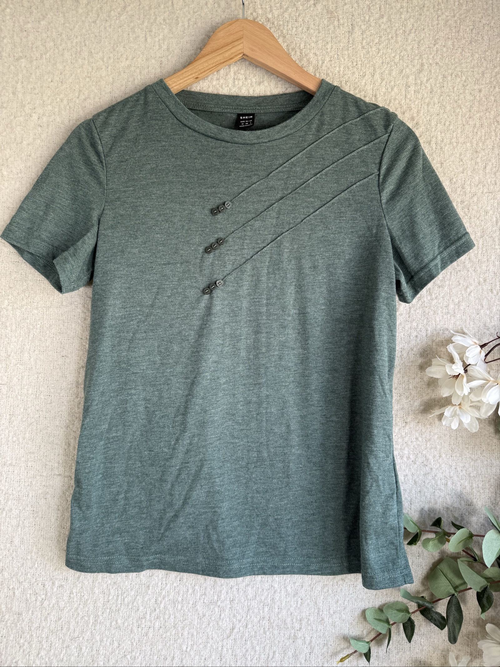Shein Green Short Sleeve T-Shirt Medium Stylish Button Detail Casual Top