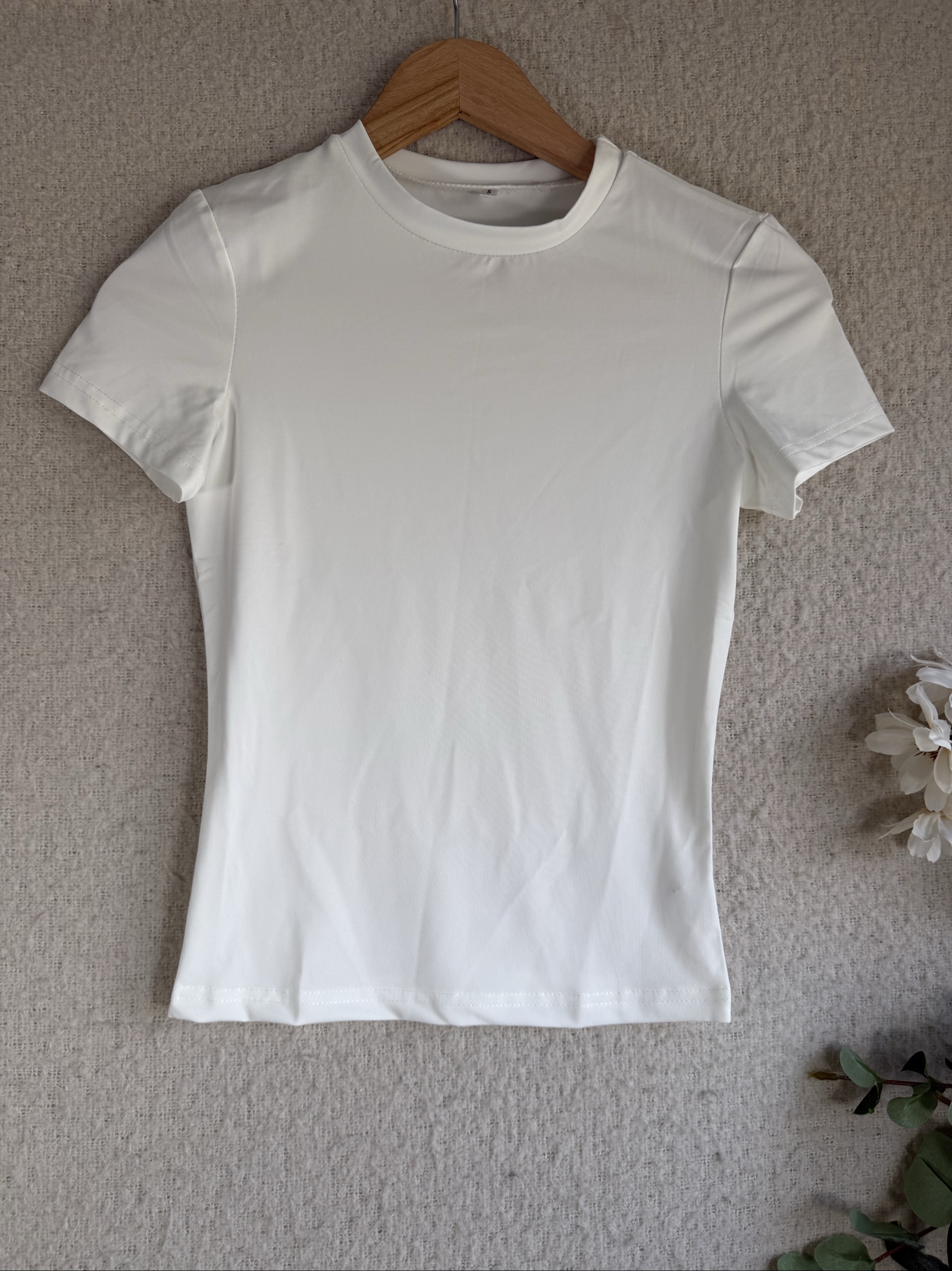 White Stretch Polyester Elastane Short Sleeve Top UK Small Slim Fit Basic