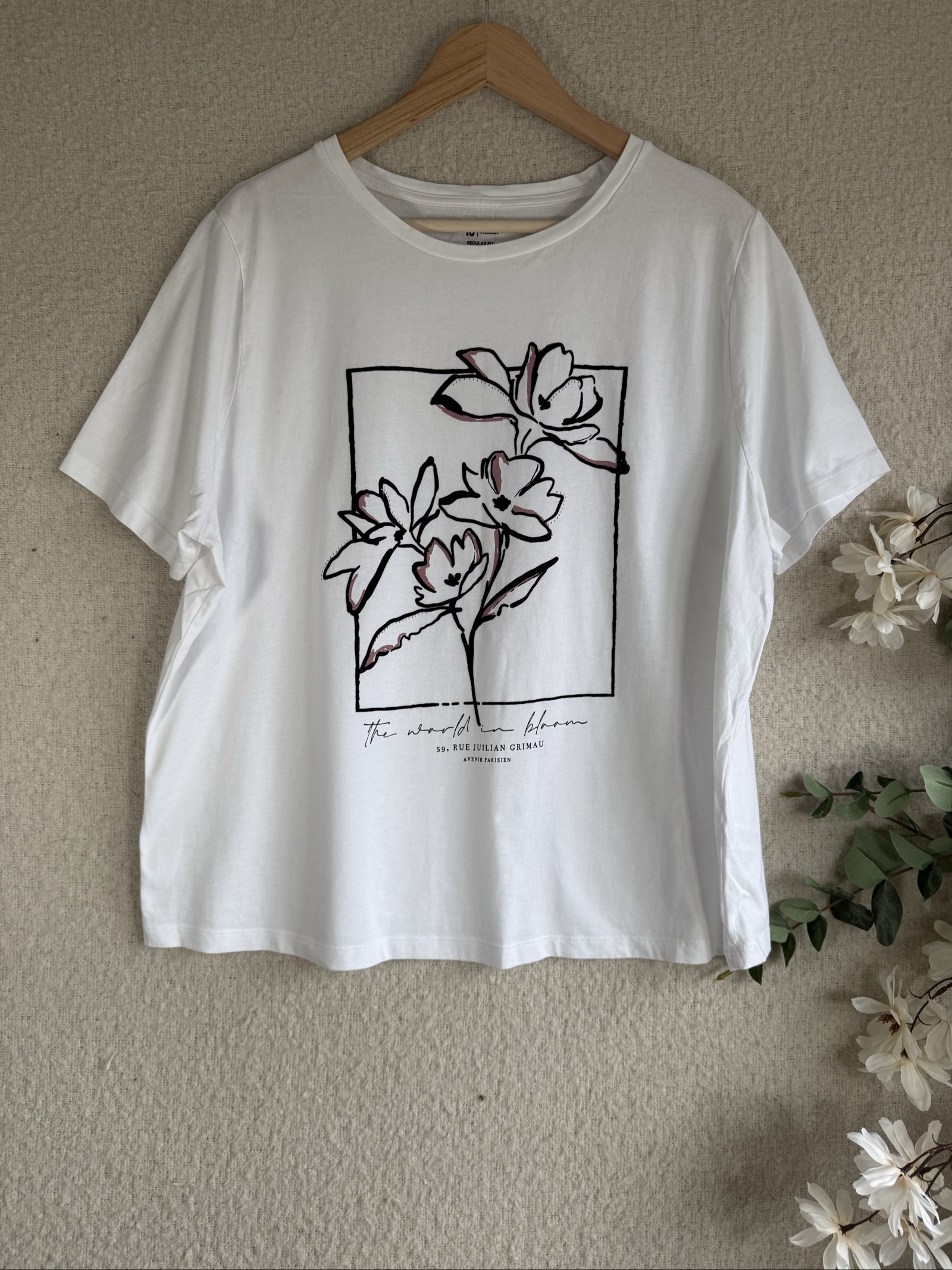 Tu White Floral Print Regular Fit T-Shirt UK 22 Casual Basic Summer Top
