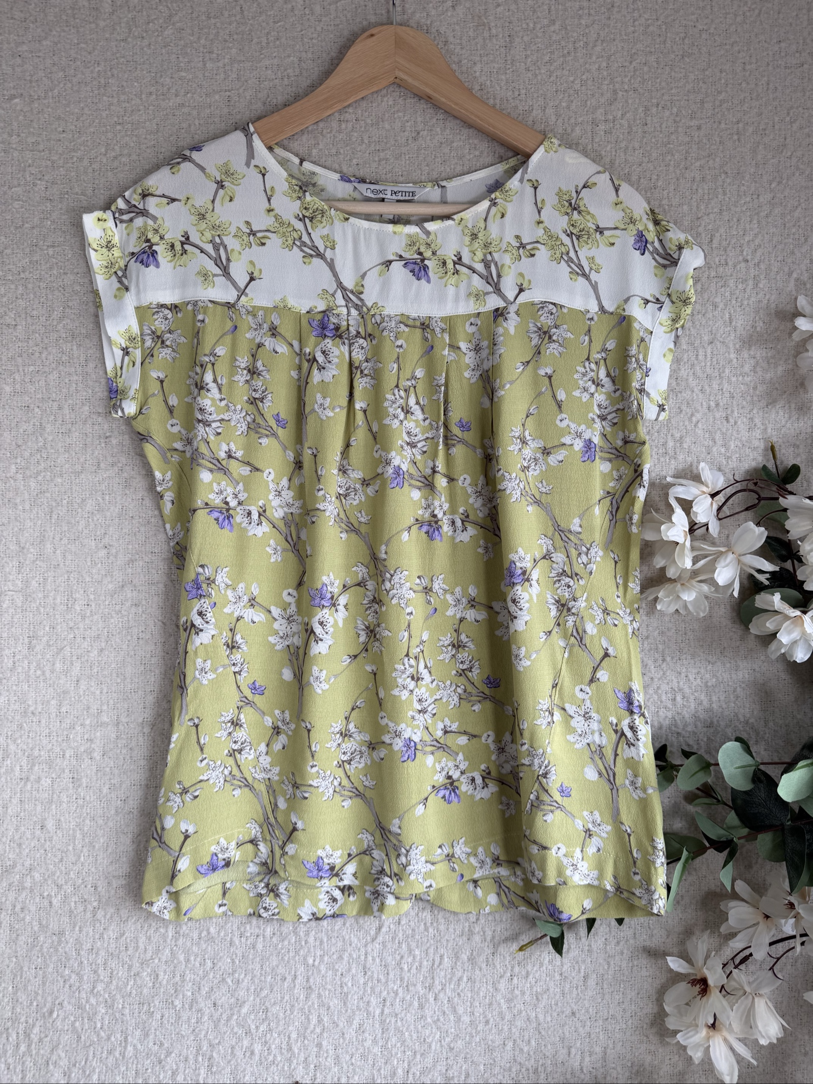 Next Petite Floral Print Top UK 8P Yellow Green Purple Casual Summer