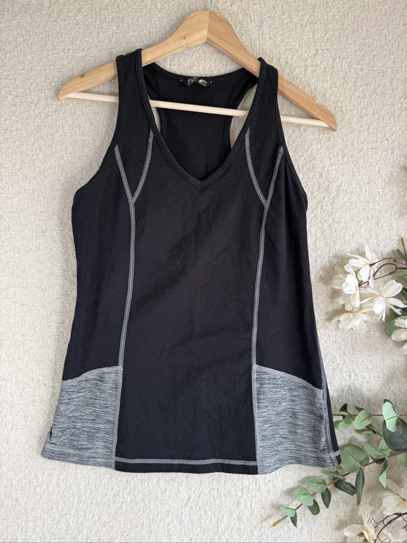 F&F Black Active Racerback Vest Top UK 12 Contrast Stitching Casual Gymwear