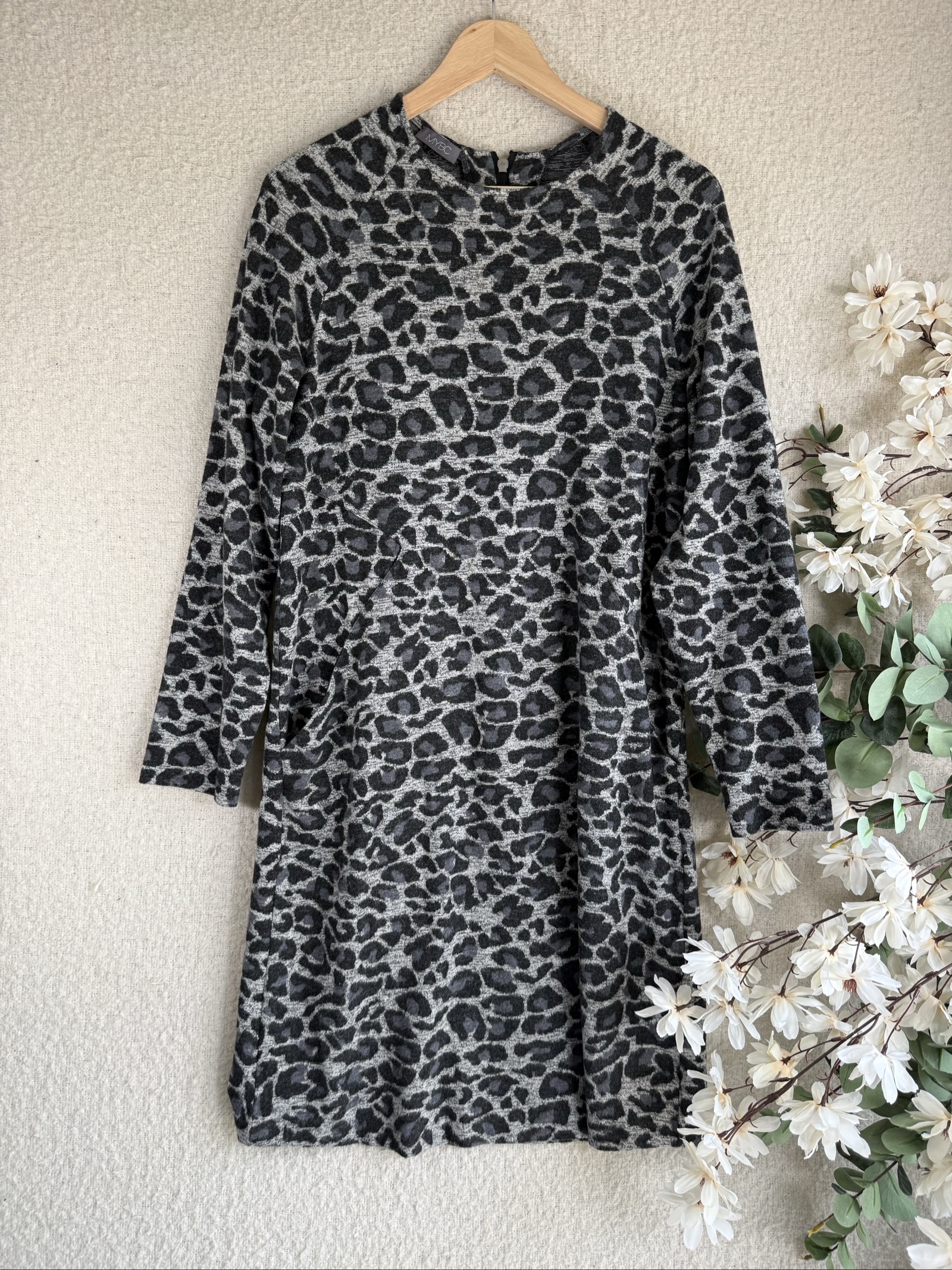 MYBC Grey & Black Leopard Print Knit Dress UK 12 Long Sleeve Zip Detail