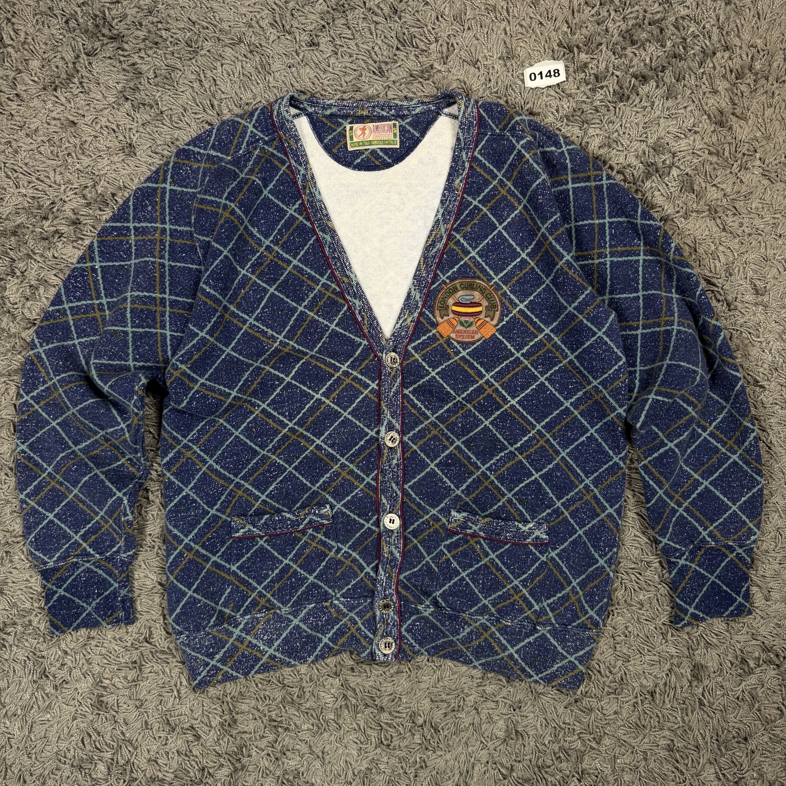 American System Vintage Blue Check Cardigan Small Embroidered Patch