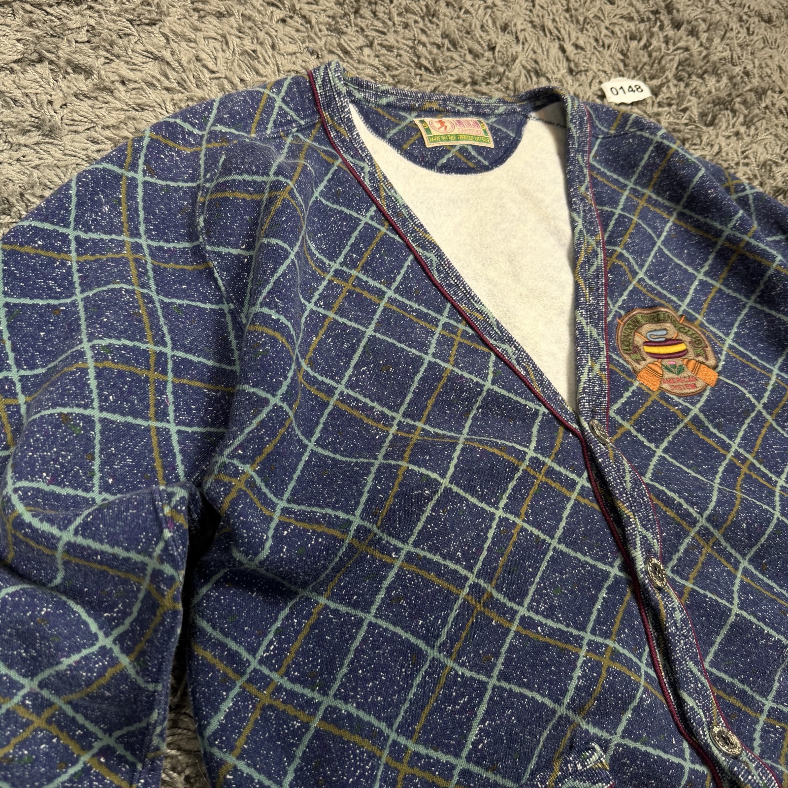 American System Vintage Blue Check Cardigan Small Embroidered Patch image 2