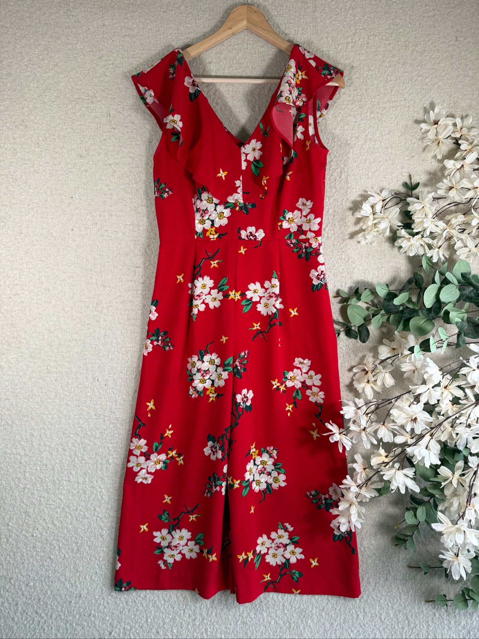 Warehouse Red Floral Midi Dress UK 12 V-Neck Ruffle Summer Elegant