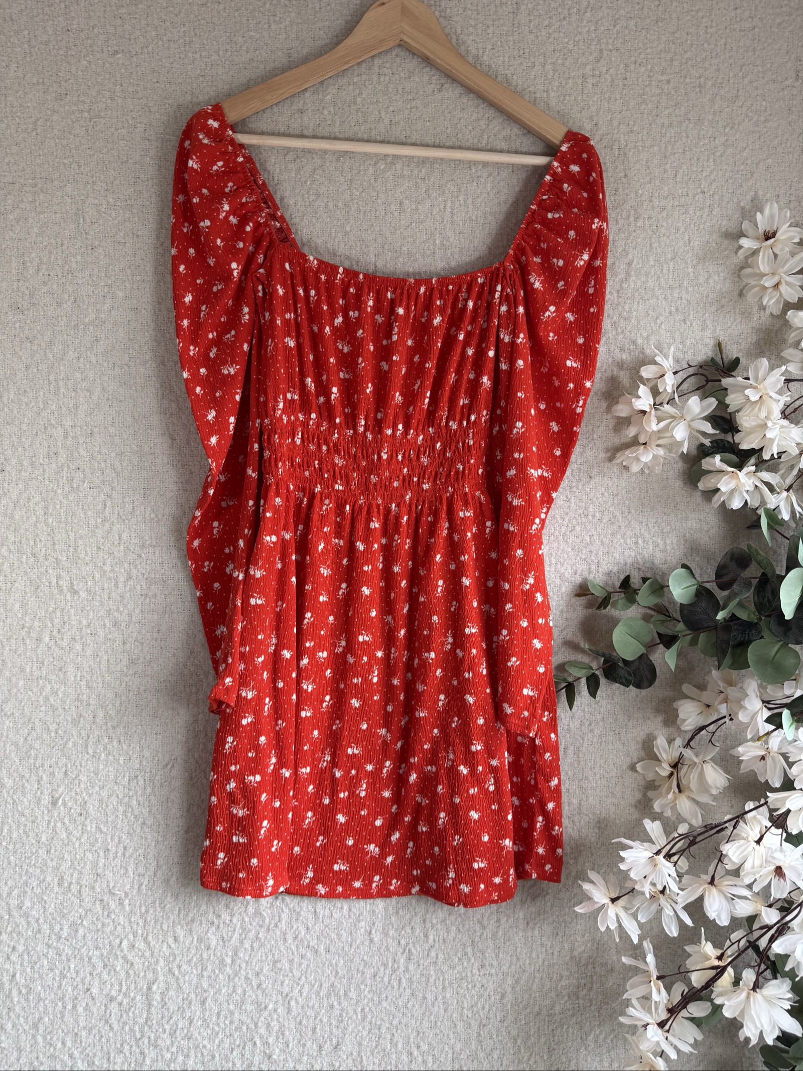 H&M Red Floral Print Smocked Long Sleeve Dress UK Medium Boho Summer Casual