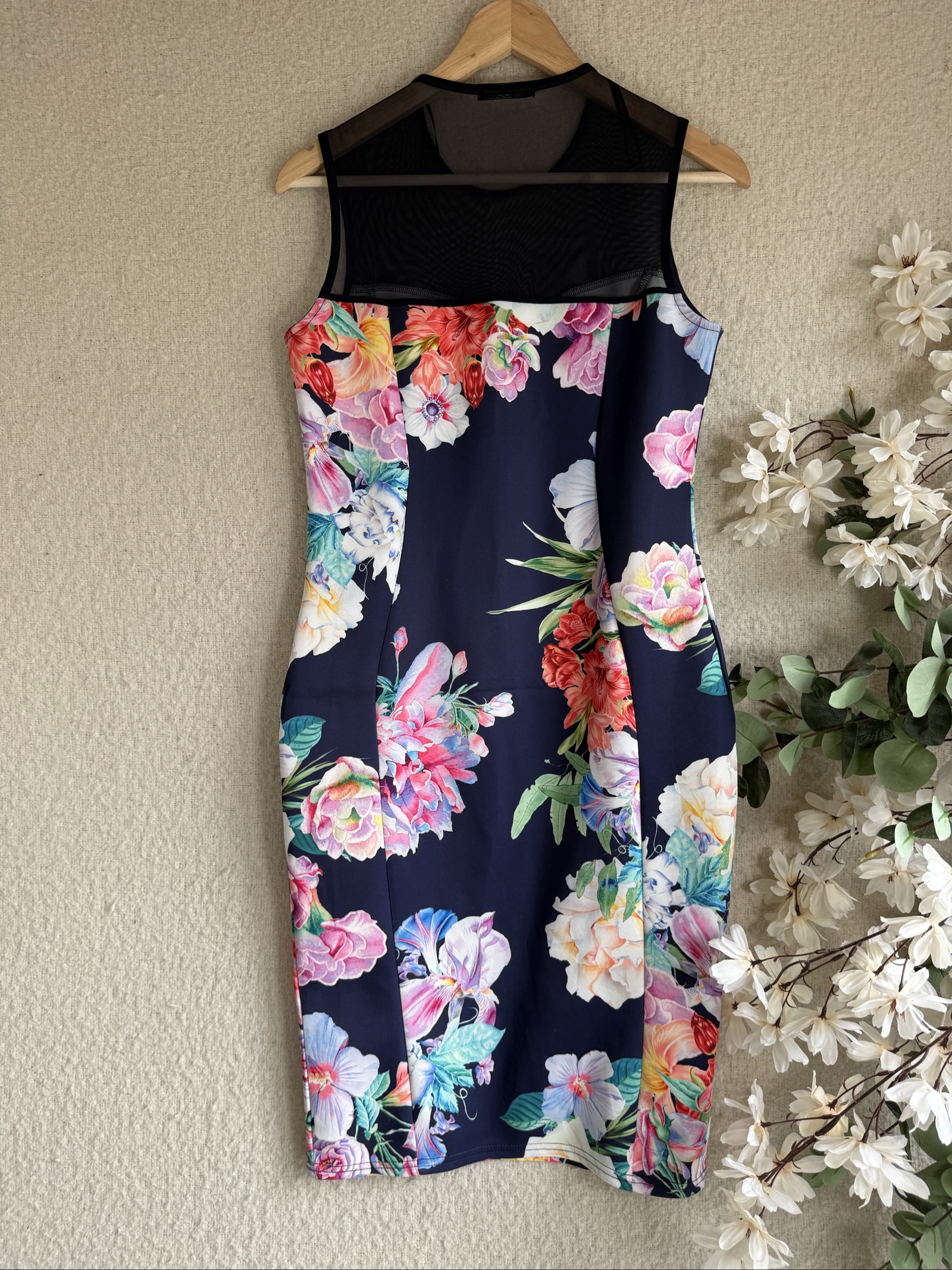 Quiz Navy Floral Print Sleeveless Mesh Neck Pencil Dress UK 14 Elegant image 4