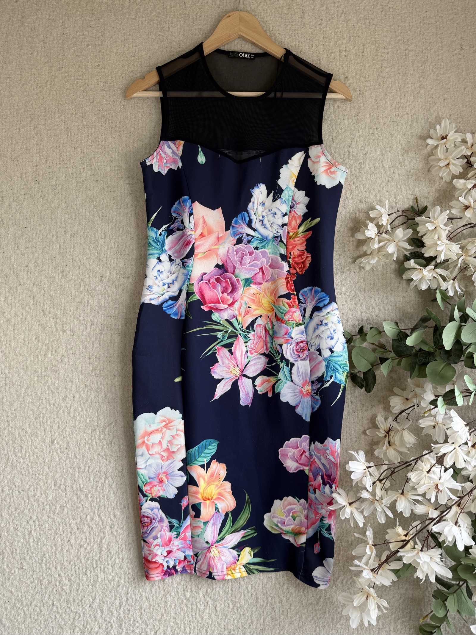 Quiz Navy Floral Sleeveless Mesh Panel Pencil Dress UK 14 Elegant Occasion